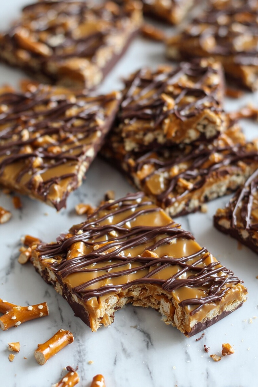 Salted Caramel Pretzel Bark, salted caramel pretzel bark, salty sweet pretzel bark, easy salted caramel snack, crunchy caramel dessert - The image shows several square pieces of a dessert bar arranged closely on a white marbled surface. Each piece has a bottom layer of dark chocolate, topped by a crunchy layer of pretzel sticks covered with golden caramel that looks shiny and smooth. The dessert bars are drizzled with thin lines of dark chocolate in a crisscross pattern on top. One piece near the front has a bite taken out, revealing the thick layers inside. Small bits of broken pretzels and chocolate are scattered around the bars. The texture looks crunchy and glossy, with a mix of brown and caramel colors and dark chocolate lines. Photo taken with an iphone --ar 2:3 --v 7