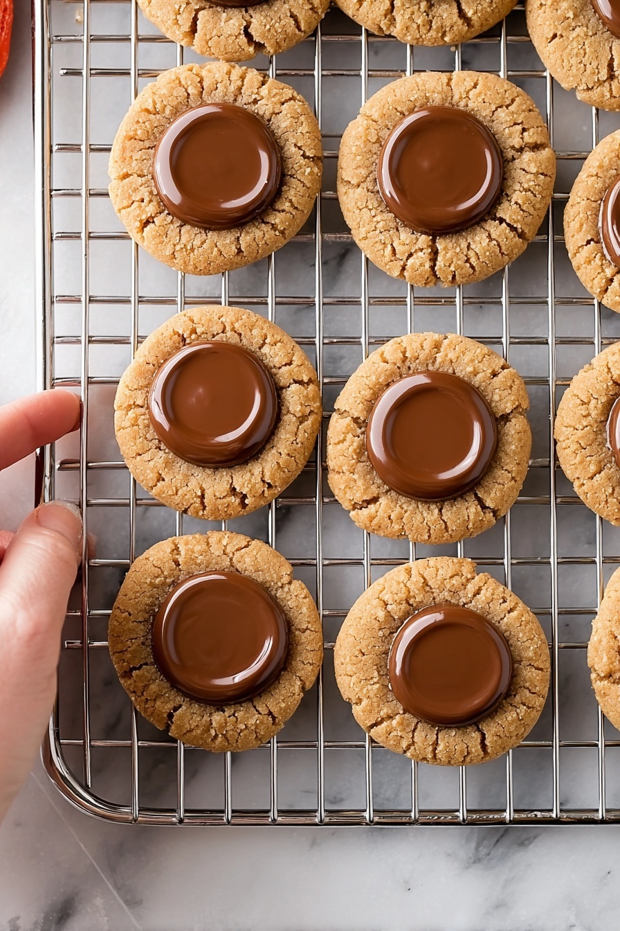 Reese's Peanut Butter Cookie Bites, Peanut Butter Cookie Bites, Chocolate Peanut Butter Cookies, Easy Cookie Bites, No-Bake Cookie Snacks - The image shows a group of round cookies arranged on a cooling rack. Each cookie has a light brown, cracked base with a smooth, glossy circle of milk chocolate on top in the center. The cookies have a textured and slightly crumbly look around the edges, contrasting with the shiny chocolate layer. The cooling rack is placed on a flat surface that has a white marbled texture. A woman's hand is partly visible on the left side of the image, about to hold one cookie. photo taken with an iphone --ar 2:3 --v 7