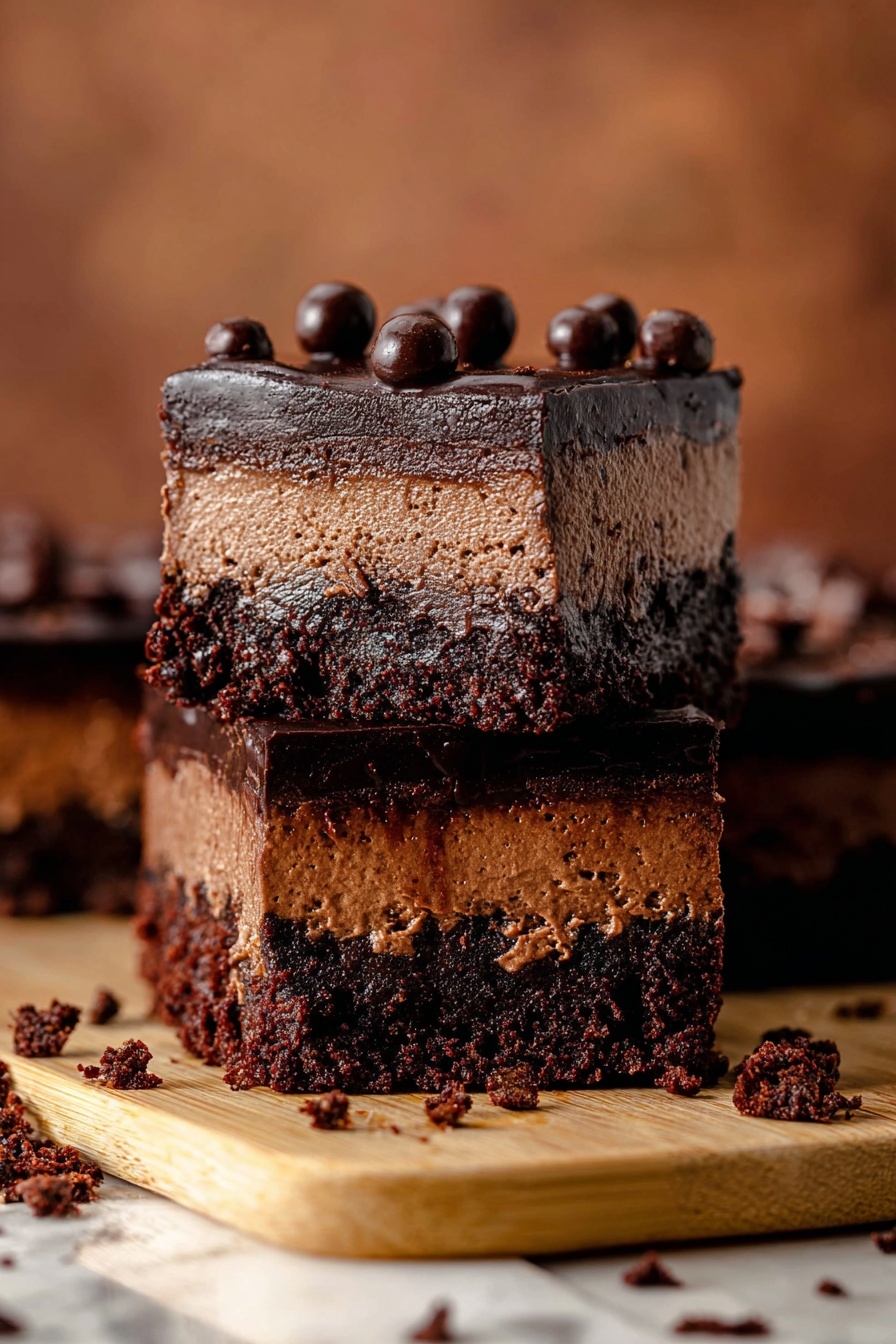 Ultimate Chocolate Cheesecake Bars, chocolate cheesecake bars, decadent dessert recipes, Oreo crumb crust cheesecake, easy chocolate cheesecake - The image shows a thick chocolate dessert with three layers stacked on a white marbled surface. The bottom layer is dark and crumbly, textured like a firm cookie crust. The middle layer is lighter brown, soft, and mousse-like in texture and thickness. The top layer is a smooth, rich, dark chocolate ganache, glossy and shiny, decorated with small round chocolate balls scattered across the surface. One piece is lifted, showing the clean cut between layers, with the ganache dripping slightly on the edges. Photo taken with an iphone --ar 2:3 --v 7
