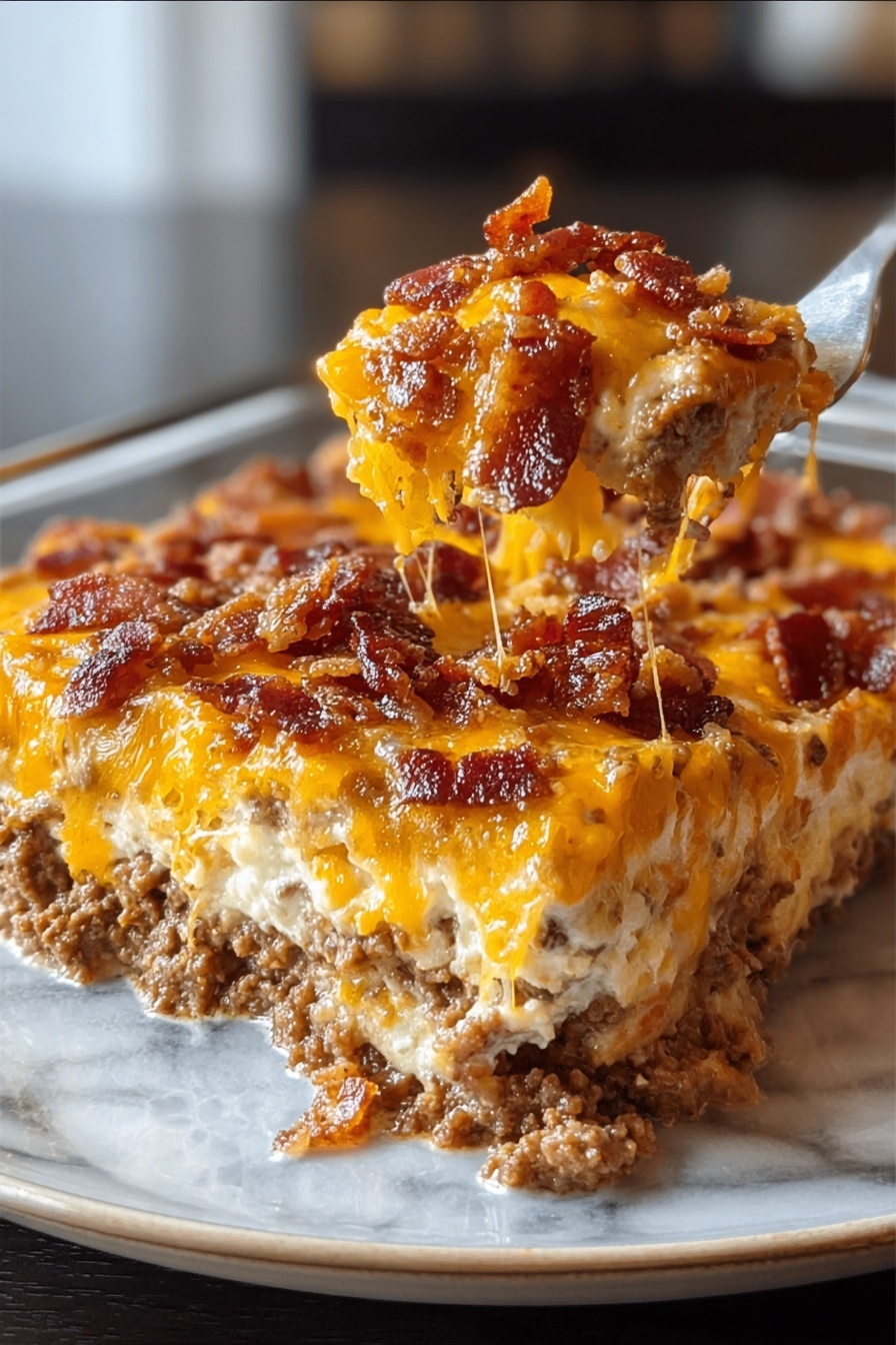 Crack Breakfast Casserole with Sausage and Cheese, hearty breakfast casserole, easy sausage breakfast bake, make-ahead breakfast casserole, cheesy sausage brunch dish - A close-up view of a thick slice of layered casserole on a white plate, resting on a white marbled surface. The dish has three main layers: the bottom and middle layers are creamy and light yellow with a soft, cheesy texture, separated by a dense layer of browned cooked ground meat with a crumbly texture and rich brown color. The top layer is a bright melted orange-yellow cheese, generously topped with small, crispy pieces of bacon in dark reddish-brown hues, adding a crunchy texture contrast. The layers are distinct but slightly blended at the edges, making the dish look hearty and rich. photo taken with an iphone --ar 2:3 --v 7