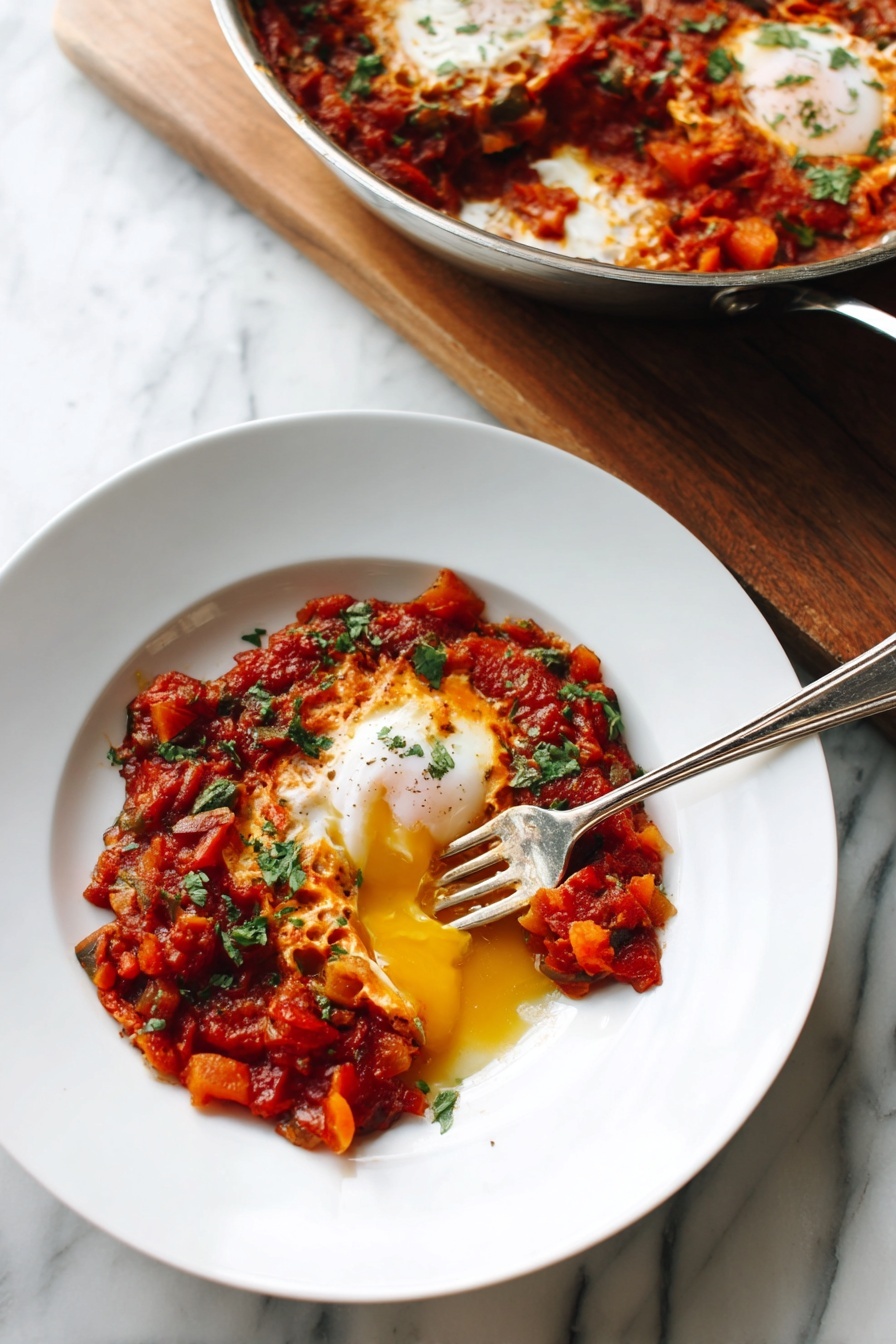 Easy Traditional Shakshuka, shakshuka recipe, eggs in tomato sauce, middle eastern breakfast, simple shakshuka - A white pan filled with three visible cooked eggs with bright yellow yolks sitting on a thick layer of red tomato sauce mixed with chunks of cooked vegetables and spices. Fresh green herbs are sprinkled on top of the eggs and sauce, adding contrast. A large silver spoon is resting inside the pan, scooping some sauce near one egg. In the blurred background, there are stacks of white plates and a bunch of fresh green herbs on a white marbled surface. Photo taken with an iphone --ar 2:3 --v 7