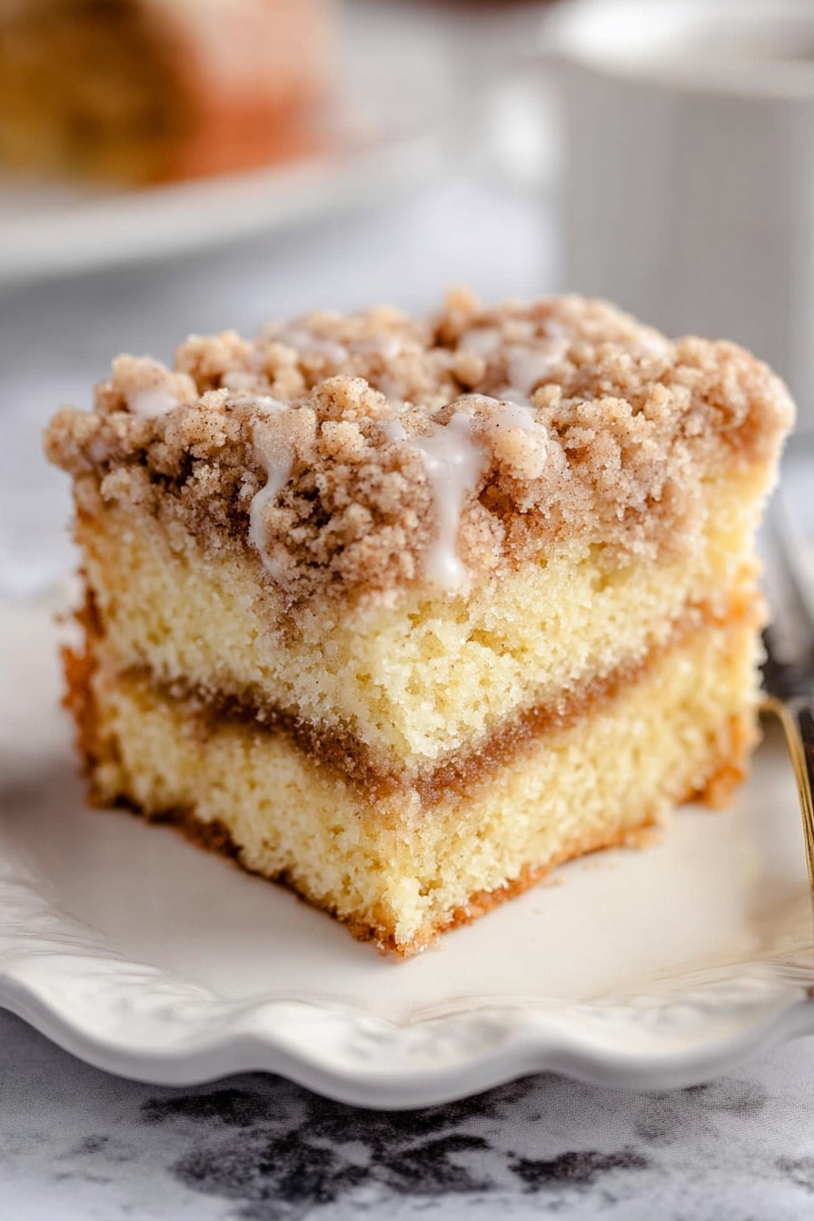 Sour Cream Coffee Cake with Streusel, coffee cake recipes, cinnamon coffee cake, moist coffee cake, homemade streusel topping - A single square piece of crumb cake sits on a white scalloped plate, placed on a white marbled surface. The cake has three layers: the bottom and top layers are light golden yellow and soft, the middle layer is a thin strip of brown filling, and the top layer is covered with a crumbly streusel topping that is golden brown. A light white glaze drizzles unevenly down the sides of the cake, adding a shiny texture. The background is softly blurred, keeping the focus on the cake. photo taken with an iphone --ar 2:3 --v 7