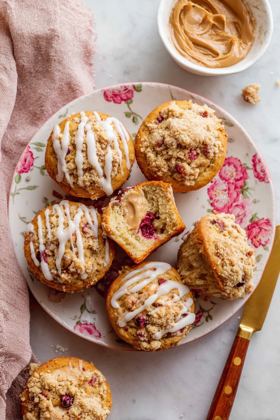 Cranberry Orange Muffins with Crumb Topping, cranberry orange muffin recipe, easy cranberry muffin recipe, moist cranberry muffins, citrus cranberry muffin ideas - The image shows six golden-brown muffins on a white plate with pink floral patterns. Four muffins have crumbly streusel topping with white icing drizzled over, and two muffins have visible pieces of red berries inside. One muffin is broken open, revealing a soft, moist inside with berries and a dollop of light brown spread on top. Next to the plate is a small white bowl filled with the same light brown spread and a gold knife with a wooden handle resting on the white marbled surface nearby. The background features a white marbled texture with a folded light pink cloth in the corner. Photo taken with an iphone --ar 2:3 --v 7