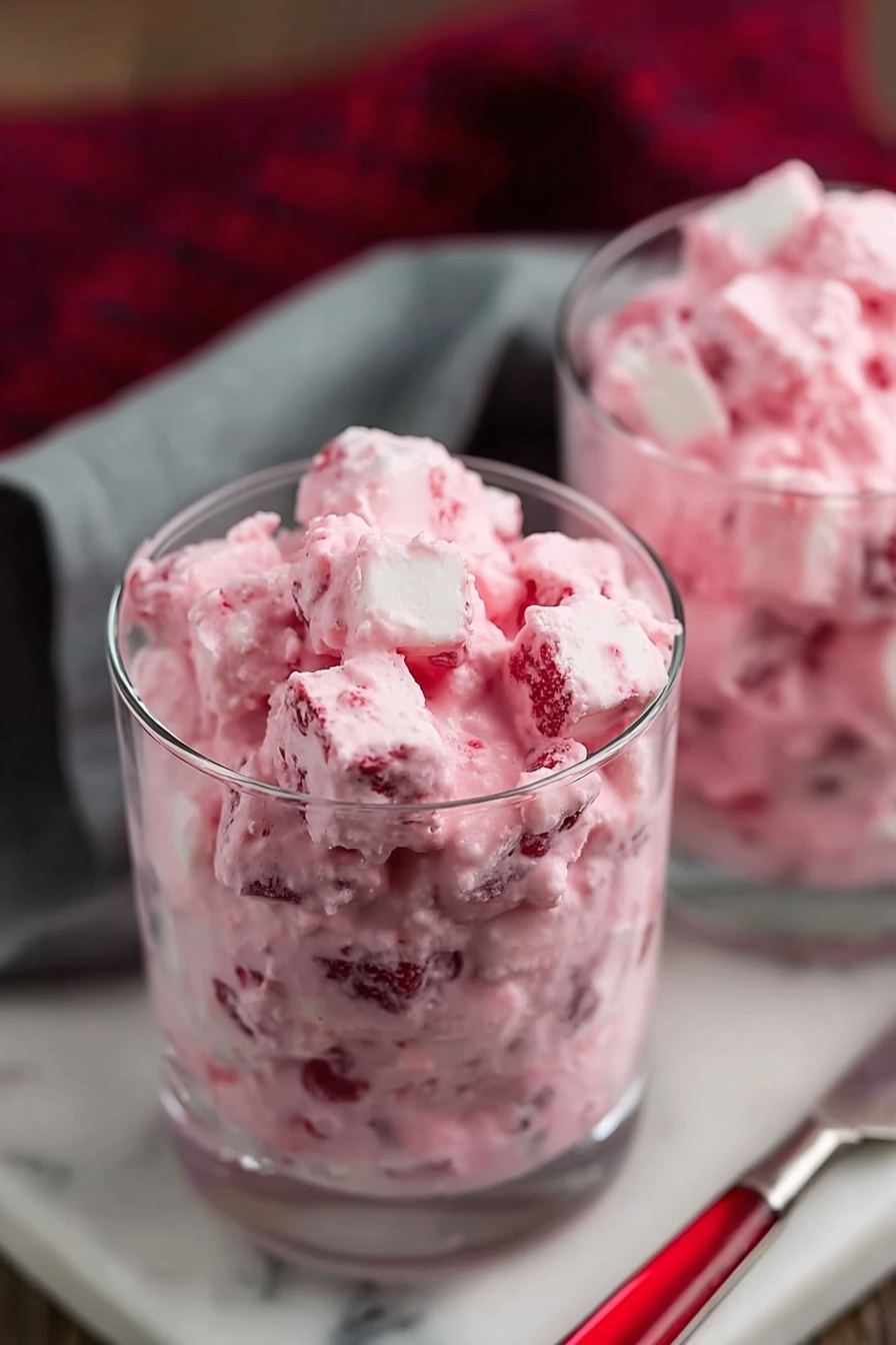 Cranberry Fluff Salad, Cranberry Fluff Salad recipe, holiday cranberry salad, easy fruit salad, festive side dish - Two clear glasses filled with a creamy pink dessert are shown. The dessert has small white and pink cube shapes mixed with some red pieces, giving it a chunky texture. The pink cream coats the pieces fully, making the dessert look soft and fluffy. The glasses are placed on a white marbled surface with a blurred dark red cloth and a gray folded towel in the background. A silver knife with a red handle lies near the glasses. The focus is on the front glass with the second slightly out of focus behind it. photo taken with an iphone --ar 2:3 --v 7