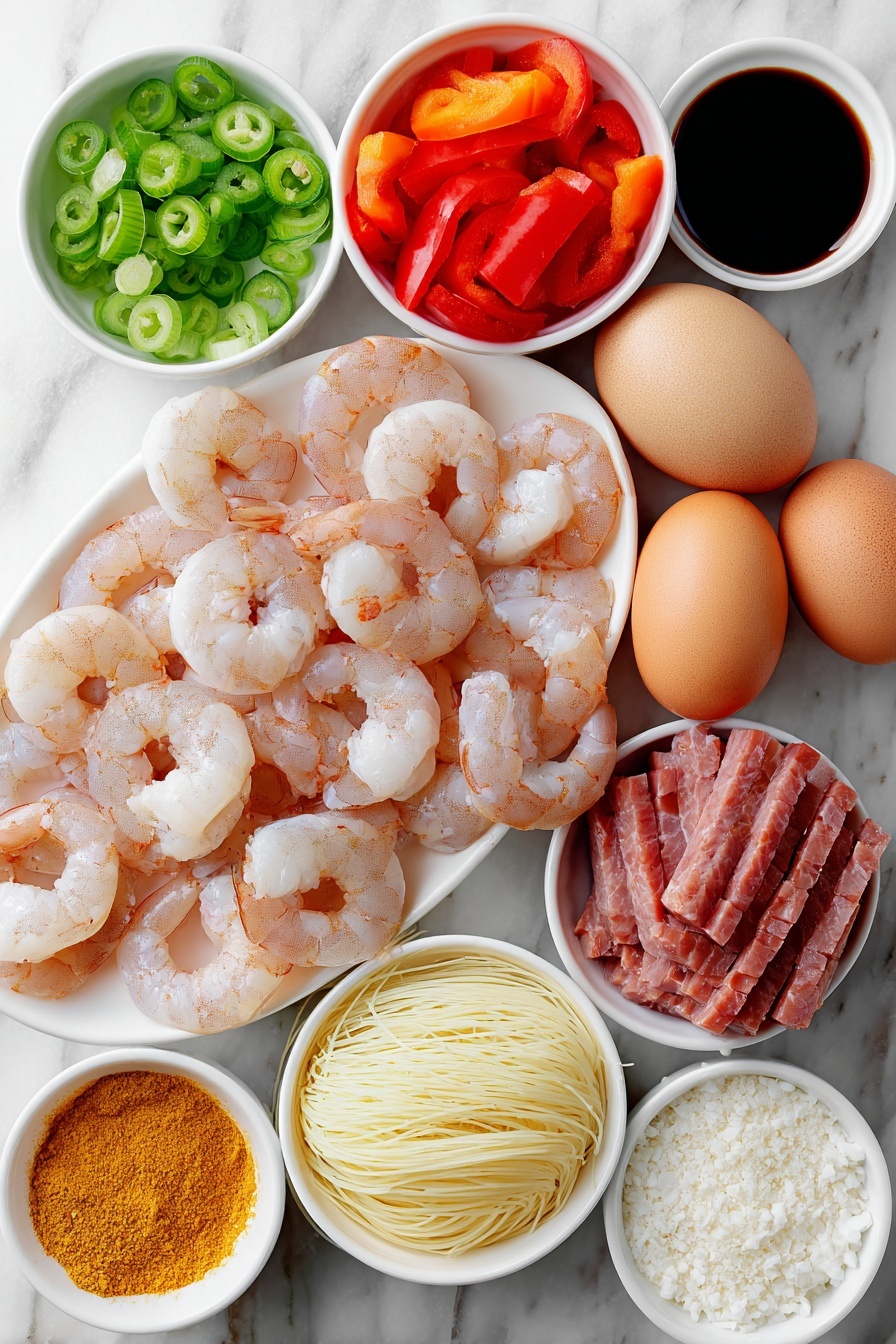 Singapore Noodles with Shrimp and Char Siu, Singapore Noodles, Shrimp and Char Siu Stir-fry, Asian noodle recipes, quick Asian dinner ideas - Flat lay of fresh medium raw shrimp with translucent shells, two whole uncracked brown eggs, thinly sliced yellow onion half, four whole garlic cloves, a small piece of fresh ginger root with a bit grated, thinly sliced Chinese barbecue pork (Char Siu) arranged neatly, one cup of bright red bell pepper chunks, a few thinly sliced hot green chili peppers, a small pile of dried rice vermicelli noodles, and three small white ceramic bowls containing soy sauce, Chinese cooking wine, and a golden curry powder mixed with white pepper and sugar, all placed in perfect symmetry on a clean white marble surface, soft natural light, photo taken with an iPhone, professional food photography style, fresh ingredients, white ceramic bowls, no bottles, no duplicates, no utensils, no packaging --ar 2:3 --v 7 --p m7354615311229779997