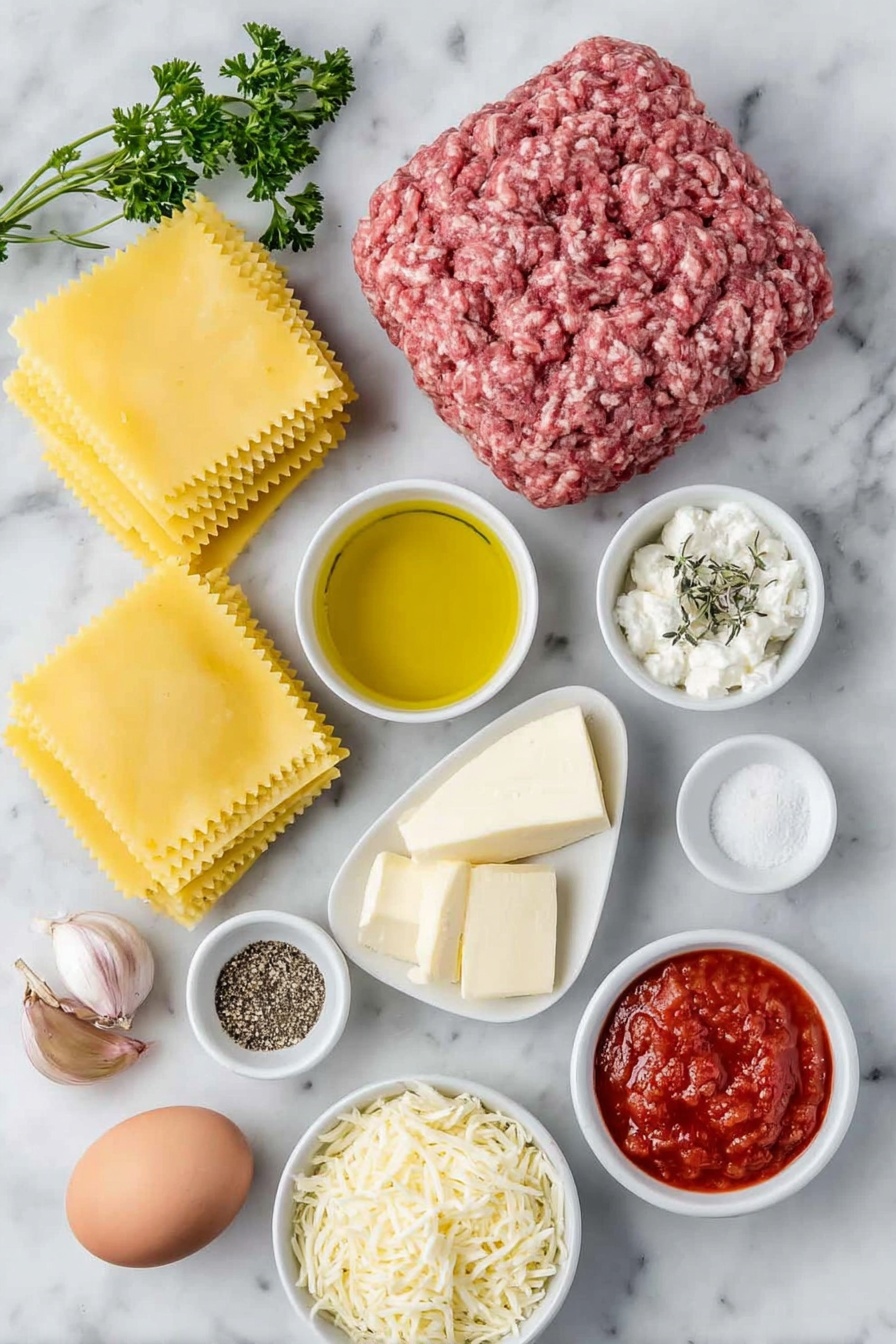 Homestyle Ground Beef Lasagna, easy ground beef lasagna, hearty beef lasagna recipe, homemade lasagna with meat sauce, comforting classic lasagna - Flat lay of fresh ground beef in a neat mound, one medium diced onion in small white ceramic bowl, two whole uncracked brown garlic cloves, a small white bowl filled with dry red wine, a small white bowl of golden olive oil, a small white bowl with bright red marinara sauce, a small white bowl containing coarse sea salt, a small white bowl with ground black pepper, a small white bowl holding dried thyme, a small white bowl with granulated sugar, fresh parsley sprigs, nine cooked al dente flat rectangular lasagna noodles neatly stacked, a simple white ceramic bowl with creamy low-fat cottage cheese, a simple white ceramic bowl with smooth reduced fat ricotta cheese, one large whole uncracked egg with clean shell, a small white bowl holding shredded mozzarella cheese, all ingredients arranged symmetrically with perfect proportions placed on a clean white marble surface, soft natural light, photo taken with an iPhone, professional food photography style, fresh ingredients, white ceramic bowls, no bottles, no duplicates, no utensils, no packaging --ar 2:3 --v 7 --p m7354615311229779997