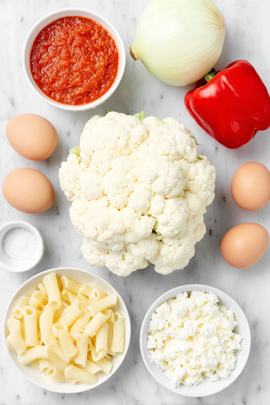 Roasted Vegetable Baked Ziti, Vegetarian Baked Ziti, Cheesy Vegetable Pasta, Easy Comfort Food Recipes, Healthy Baked Ziti - Flat lay of a medium head of fresh cauliflower cut into bite-sized florets, a whole vibrant red bell pepper cut into 1-inch squares, a medium yellow onion sliced into wedges about half an inch wide, two whole uncracked brown eggs with clean shells, a few sprigs of fresh chopped basil, a small white ceramic bowl of bright red marinara sauce, a small white ceramic bowl filled with extra-virgin olive oil, a small white ceramic bowl with fine salt, a handful of ziti pasta tubes, a small white ceramic bowl of grated part-skim mozzarella cheese, and a small white ceramic bowl of cottage cheese, all arranged symmetrically and balanced, placed on a clean white marble surface, soft natural light, photo taken with an iPhone, professional food photography style, fresh ingredients, white ceramic bowls, no bottles, no duplicates, no utensils, no packaging --ar 2:3 --v 7 --p m7354615311229779997