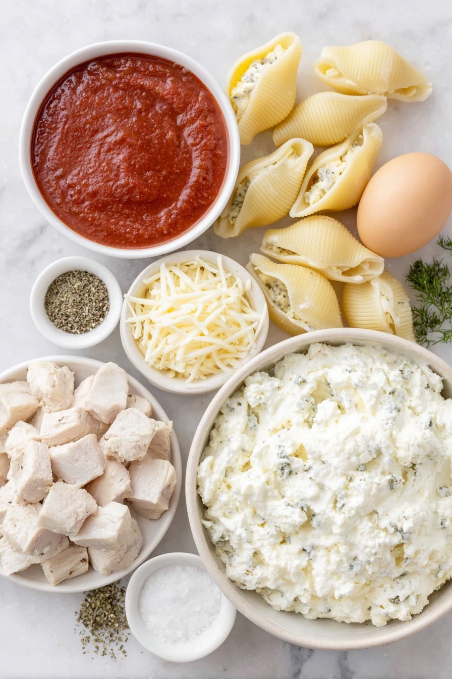 Cheesy Chicken Stuffed Shells, chicken stuffed pasta shells, creamy cheese stuffed shells, easy chicken pasta bake, comforting stuffed shell recipe - Flat lay of jumbo pasta shells arranged beside a mound of creamy ricotta cheese in a simple white ceramic bowl, shredded mozzarella cheese scattered loosely on the surface, grated Parmesan cheese in a small neat pile, cooked chicken breast diced into bite-sized pieces on a white ceramic plate, one whole uncracked brown egg, dried parsley and oregano sprinkled artfully on the marble, salt and black pepper in tiny white ceramic bowls, and a small white bowl filled with vibrant red pasta sauce, all placed on a clean white marble surface, soft natural light, photo taken with an iPhone, professional food photography style, fresh ingredients, white ceramic bowls, no bottles, no duplicates, no utensils, no packaging --ar 2:3 --v 7 --p m7354615311229779997
