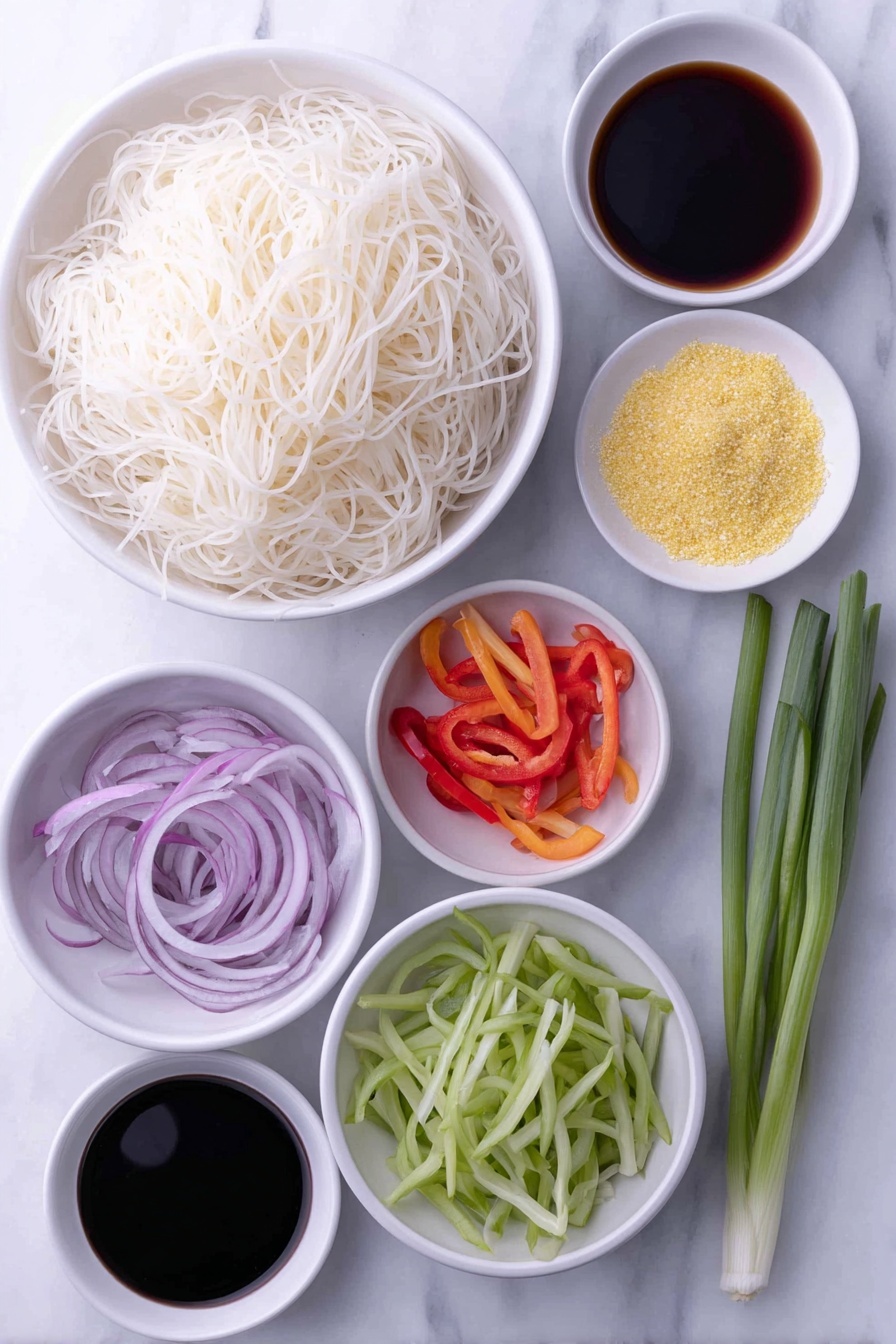 Easy Singapore Noodles, Singapore Noodles recipe, Asian noodle stir-fry, quick Singapore noodles, flavorful noodle dishes - Flat lay of a small pile of delicate white rice noodles, a handful of thinly sliced pale purple onion rings, slender strips of vibrant red and green bell pepper, a few bright orange carrot sticks finely sliced, crisp diced green French beans, a small mound of golden yellow curry powder, two small white ceramic bowls each with a light amber sesame oil and fiery red chili oil, another small white bowl with deep brown soy sauce, a small white bowl holding clear rice vinegar, a dollop of vivid red chili paste in a tiny white bowl, two fresh green onion stalks chopped into pieces, all arranged symmetrically on a clean white marble surface, soft natural light, photo taken with an iPhone, professional food photography style, fresh ingredients, white ceramic bowls, no bottles, no duplicates, no utensils, no packaging --ar 2:3 --v 7 --p m7354615311229779997