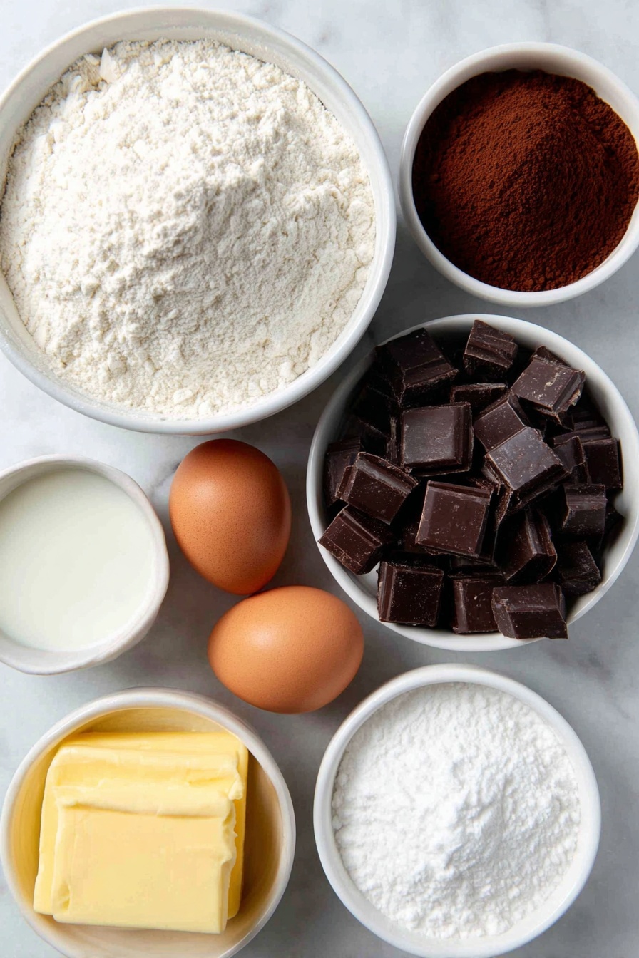 Chocolate Pinwheel Cookies, Pinwheel Cookie Recipe, Easy Chocolate Swirl Cookies, No-Bake Cookie Swirls, Festive Cookie Recipes - Flat lay of a simple white ceramic bowl of all-purpose flour, a small white bowl of unsweetened cocoa powder, a small white bowl of milk, a stick of unsalted butter softened with a creamy texture, a small white bowl of granulated sugar, two whole uncracked brown eggs, a small white bowl of clear vanilla extract, a small white bowl of fine baking powder, a small white bowl of salt, and a small white bowl of coarsely chopped dark chocolate pieces placed on a clean white marble surface, soft natural light, photo taken with an iPhone, professional food photography style, fresh ingredients, white ceramic bowls, no bottles, no duplicates, no utensils, no packaging --ar 2:3 --v 7 --p m7354615311229779997