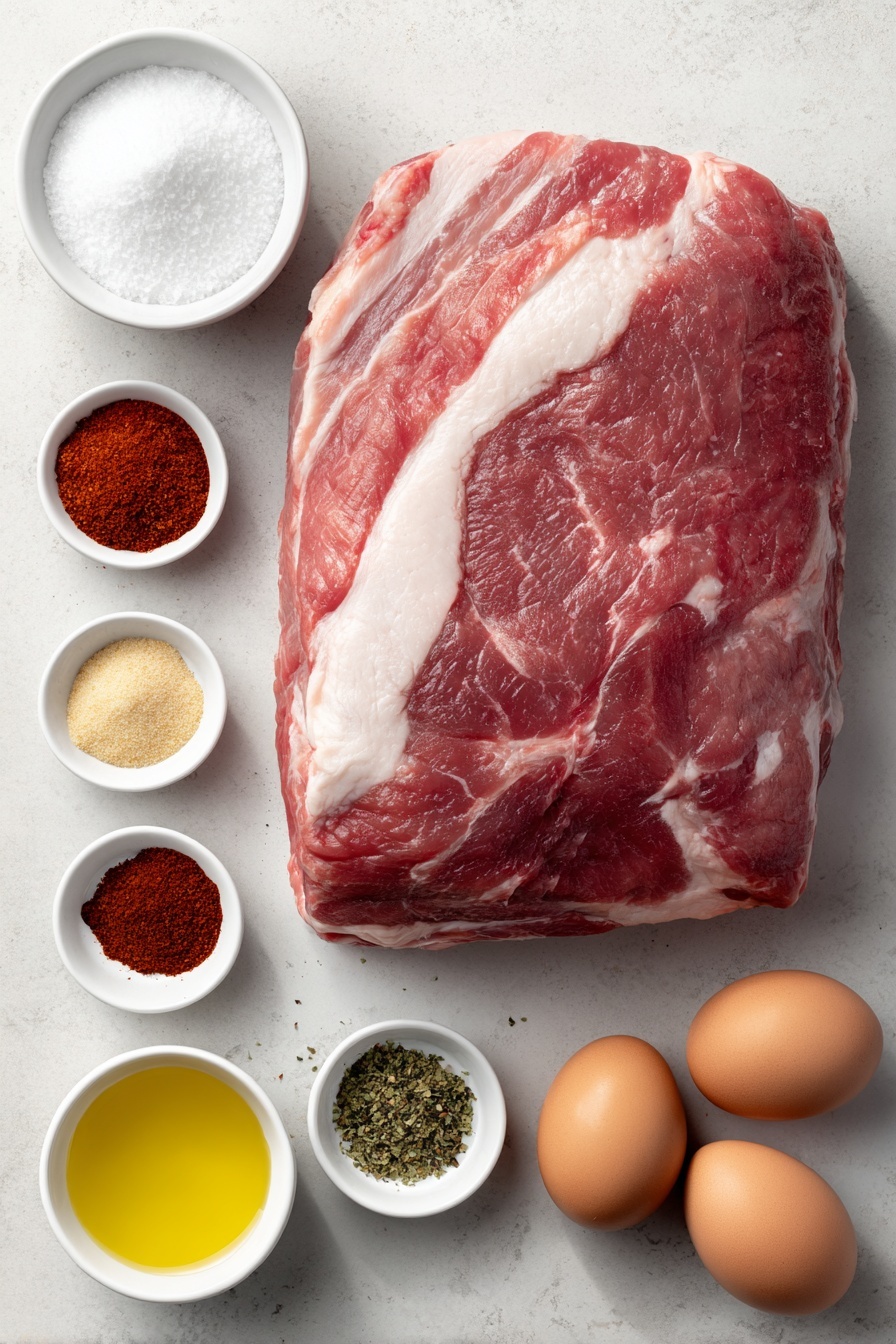 Slow Cooker Pulled Pork, Pulled Pork recipe, tender slow cooker pork, easy pork dinner, homemade pulled pork - Flat lay of a large raw pork shoulder with visible fat cap, a small white ceramic bowl of coarse kosher salt, a small white ceramic bowl of ground black pepper, a small white ceramic bowl of vibrant red paprika powder, a small white ceramic bowl of pale yellow garlic powder, a small white ceramic bowl of off-white onion powder, a small white ceramic bowl of deep red chili powder, a small white ceramic bowl of bright reddish cayenne pepper, a small white ceramic bowl of light brown cumin powder, a small white ceramic bowl of muted yellow dry mustard powder, a small white ceramic bowl of packed dark brown sugar, a small white ceramic bowl of golden olive oil, a small white ceramic bowl of clear liquid smoke, a small white ceramic bowl of light yellow vegetable oil, and three whole uncracked brown eggs, all arranged in perfect symmetry on a clean white marble surface, soft natural light, photo taken with an iPhone, professional food photography style, fresh ingredients, white ceramic bowls, no bottles, no duplicates, no utensils, no packaging --ar 2:3 --v 7 --p m7354615311229779997