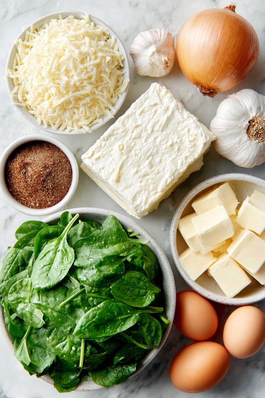 Creamed Spinach, Creamed Spinach Healthy, Creamed Spinach Easy, Creamed Spinach Side Dish, Creamed Spinach Cheesy - Flat lay of fresh bright green chopped spinach leaves loosely piled in a simple white ceramic bowl, a small white bowl of creamy mozzarella cheese shreds, a small white bowl of grated pale parmesan cheese, a medium unpeeled yellow onion whole and round, six plump whole garlic cloves arranged neatly, a small square block of smooth cream cheese resting on a white dish, a small white bowl filled with thick heavy cream, a few pats of rich yellow butter, a tiny white bowl containing freshly ground nutmeg powder, whole clean uncracked brown eggs placed nearby for scale, coarse sea salt crystals and freshly cracked black peppercorns scattered symmetrically on the surface, all placed on a clean white marble surface, soft natural light, photo taken with an iPhone, professional food photography style, fresh ingredients, white ceramic bowls, no bottles, no duplicates, no utensils, no packaging --ar 2:3 --v 7 --p m7354615311229779997