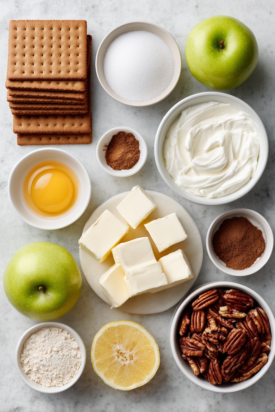 Caramel Apple Cheesecake, fall cheesecake recipes, caramel apple dessert, apple cheesecake with caramel, easy fall desserts - Flat lay of fourteen whole honey graham cracker sheets stacked neatly, a small white ceramic bowl holding granulated sugar, a small white ceramic bowl with melted butter shimmering, four large whole eggs with clean shells, one large whole egg similarly pristine, four blocks of full fat cream cheese arranged side by side, a small white ceramic bowl of sour cream smooth and creamy, a fresh lemon with a few slices of its bright zest, a small white ceramic bowl filled with ground cinnamon, a small white ceramic bowl containing a mixed pile of ground ginger, ground nutmeg, and allspice, a small white ceramic bowl of salt crystals, six whole Granny Smith apples vibrant green and unpeeled, a small white ceramic bowl of fresh lemon juice, a small white ceramic bowl with cornstarch powder, a small white ceramic bowl of chopped pecans, a small white ceramic bowl filled with packed light brown sugar, a small white ceramic bowl of granulated sugar, a small white ceramic bowl holding vanilla extract, small cubes of unsalted butter glowing softly – all carefully arranged in balanced symmetry, placed on a clean white marble surface, soft natural light, photo taken with an iPhone, professional food photography style, fresh ingredients, white ceramic bowls, no bottles, no duplicates, no utensils, no packaging --ar 2:3 --v 7 --p m7354615311229779997