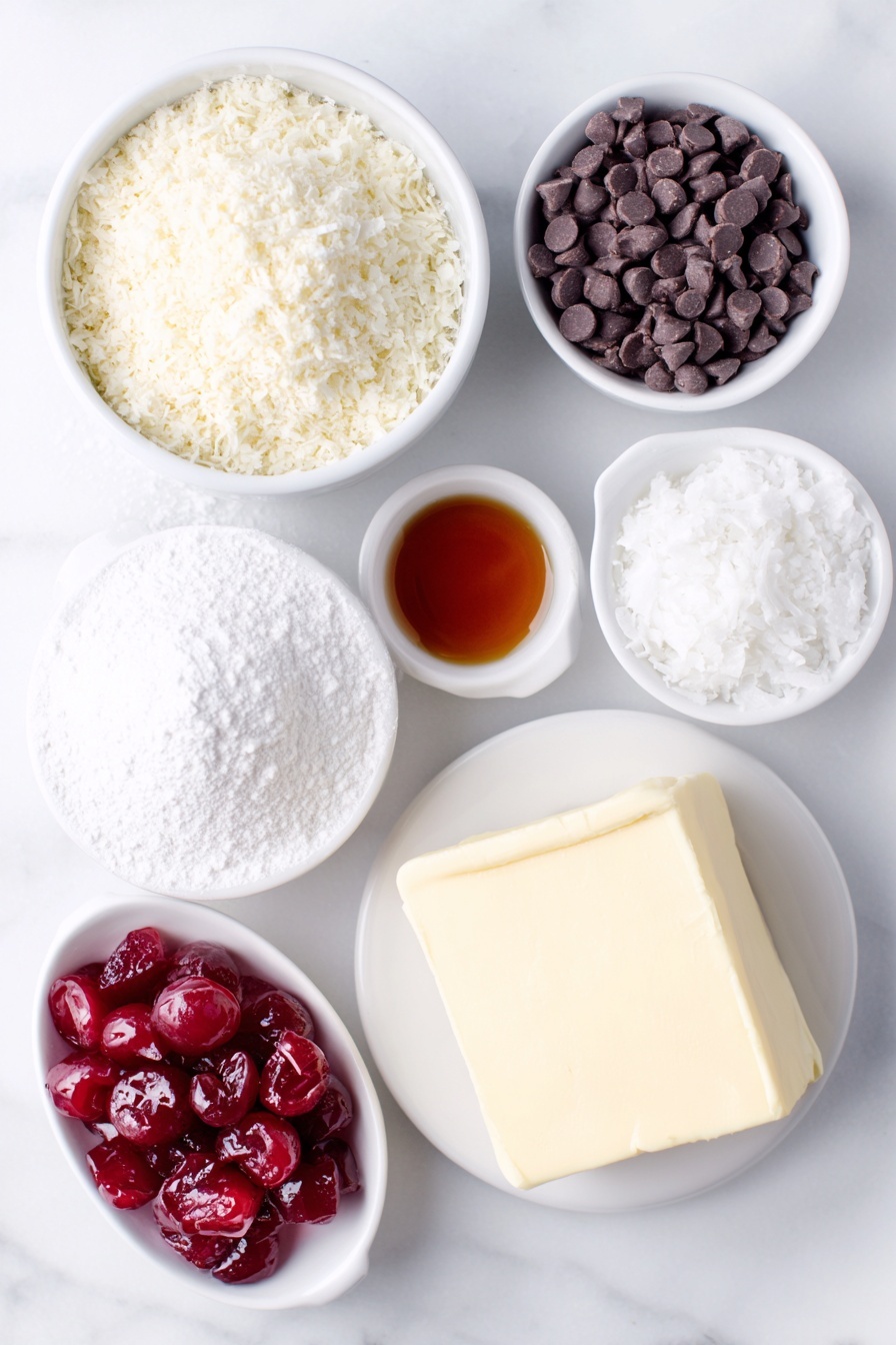 Chocolate Cherry Bourbon Balls, Chocolate Cherry Bourbon Balls recipe, bourbon ball treats, festive chocolate truffles, cherry bourbon confections - Flat lay of finely chopped pecans in a simple white ceramic bowl, a small white bowl of amber bourbon, a small white bowl with finely chopped bright red maraschino cherries, a chunk of softened pale yellow butter on a white ceramic plate, powdered sugar mounded in a small white ceramic bowl, glossy semi-sweet chocolate chips spilling slightly in a white bowl, a small white bowl with smooth white coconut oil, and vibrant red candied cherry halves arranged neatly on a separate white ceramic dish, placed on a clean white marble surface, soft natural light, photo taken with an iPhone, professional food photography style, fresh ingredients, white ceramic bowls, no bottles, no duplicates, no utensils, no packaging --ar 2:3 --v 7 --p m7354615311229779997