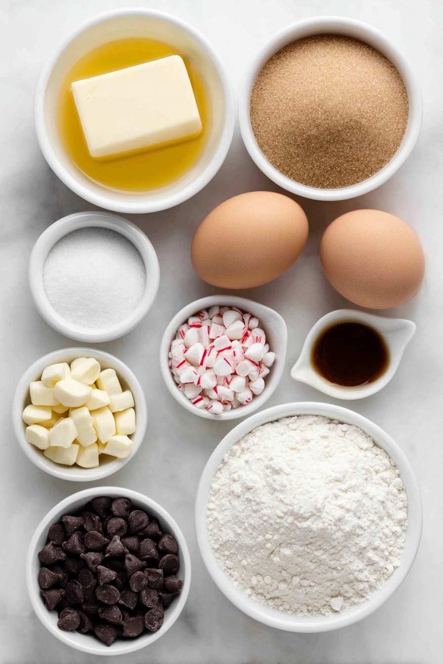 Peppermint Bark Brownies, Peppermint Bark Brownies recipe, holiday brownies with peppermint, festive chocolate brownies, fudgy peppermint brownies - Flat lay of two large whole brown eggs with clean shells, a small white ceramic bowl of melted golden butter, a small white ceramic bowl filled with light brown sugar, a small white ceramic bowl of white granulated sugar, a small white ceramic bowl holding pale amber vanilla extract, a small white ceramic bowl containing translucent peppermint extract, a small white ceramic bowl of fine all-purpose flour, a small white ceramic bowl of dark unsweetened cocoa powder, a small white ceramic bowl with fine white salt, a small pile of semi-sweet chocolate chips, a small pile of white chocolate chips, a small white ceramic bowl of clear coconut oil, and a small mound of crushed round peppermint candies in red and white colors, all arranged symmetrically on a clean white marble surface, soft natural light, photo taken with an iPhone, professional food photography style, fresh ingredients, white ceramic bowls, no bottles, no duplicates, no utensils, no packaging --ar 2:3 --v 7 --p m7354615311229779997
