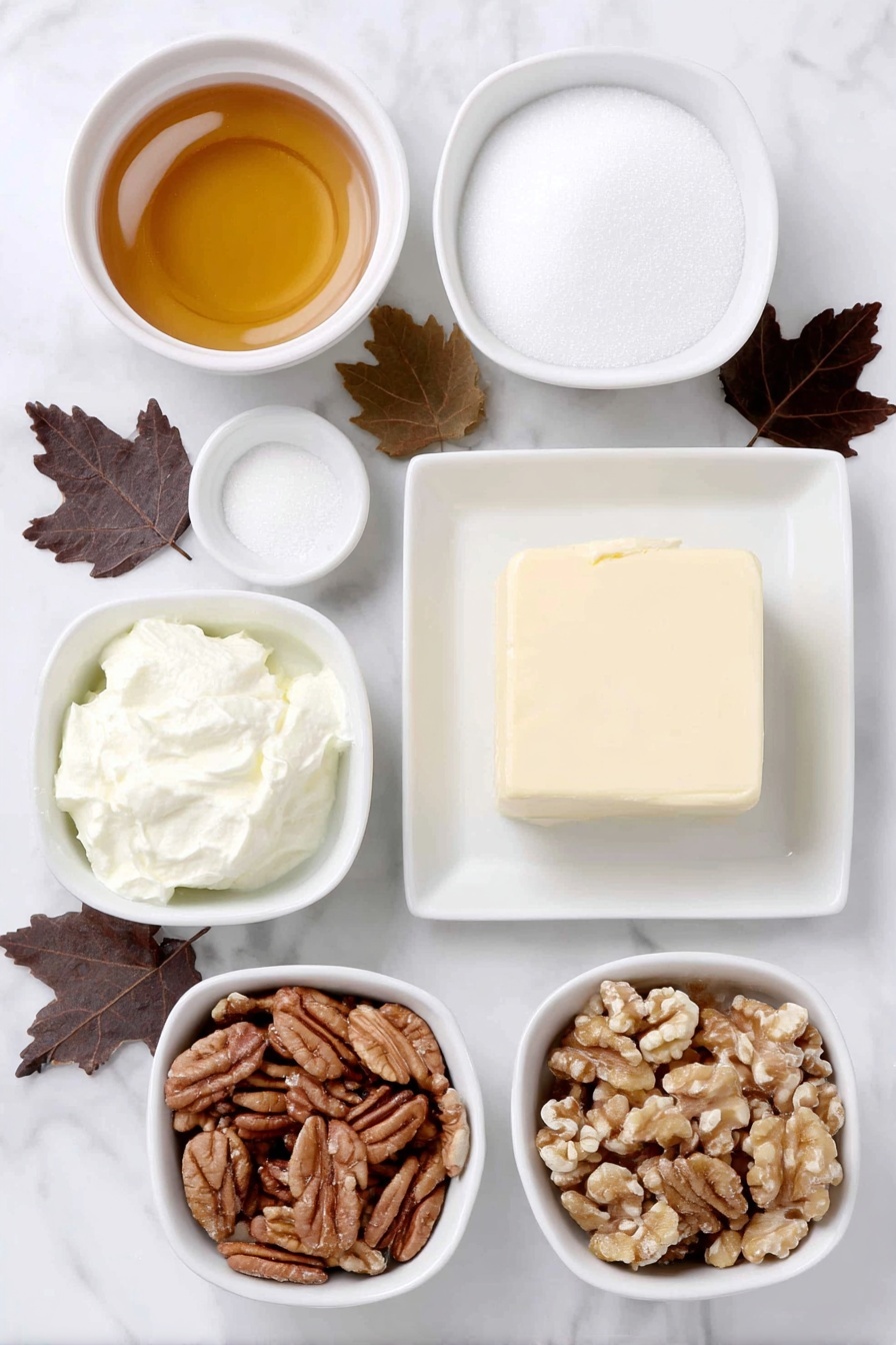 Maple Walnut Fudge, maple walnut fudge recipe, easy maple fudge, homemade walnut fudge, quick fudge with maple and walnuts - Flat lay of a small white ceramic bowl filled with golden amber maple syrup, a small white ceramic bowl of fine granulated white sugar, a small white ceramic bowl of rich heavy whipping cream, a small white ceramic bowl containing a pinch of salt, a square of pale unsalted butter on a white ceramic plate, a small white ceramic bowl holding light brown vanilla beans, a small white ceramic bowl with a few whole maple leaves for a natural touch, a small white ceramic bowl filled with roughly chopped walnuts alongside a few whole walnuts arranged neatly, all arranged symmetrically and balanced, placed on a clean white marble surface, soft natural light, photo taken with an iPhone, professional food photography style, fresh ingredients, white ceramic bowls, no bottles, no duplicates, no utensils, no packaging --ar 2:3 --v 7 --p m7354615311229779997