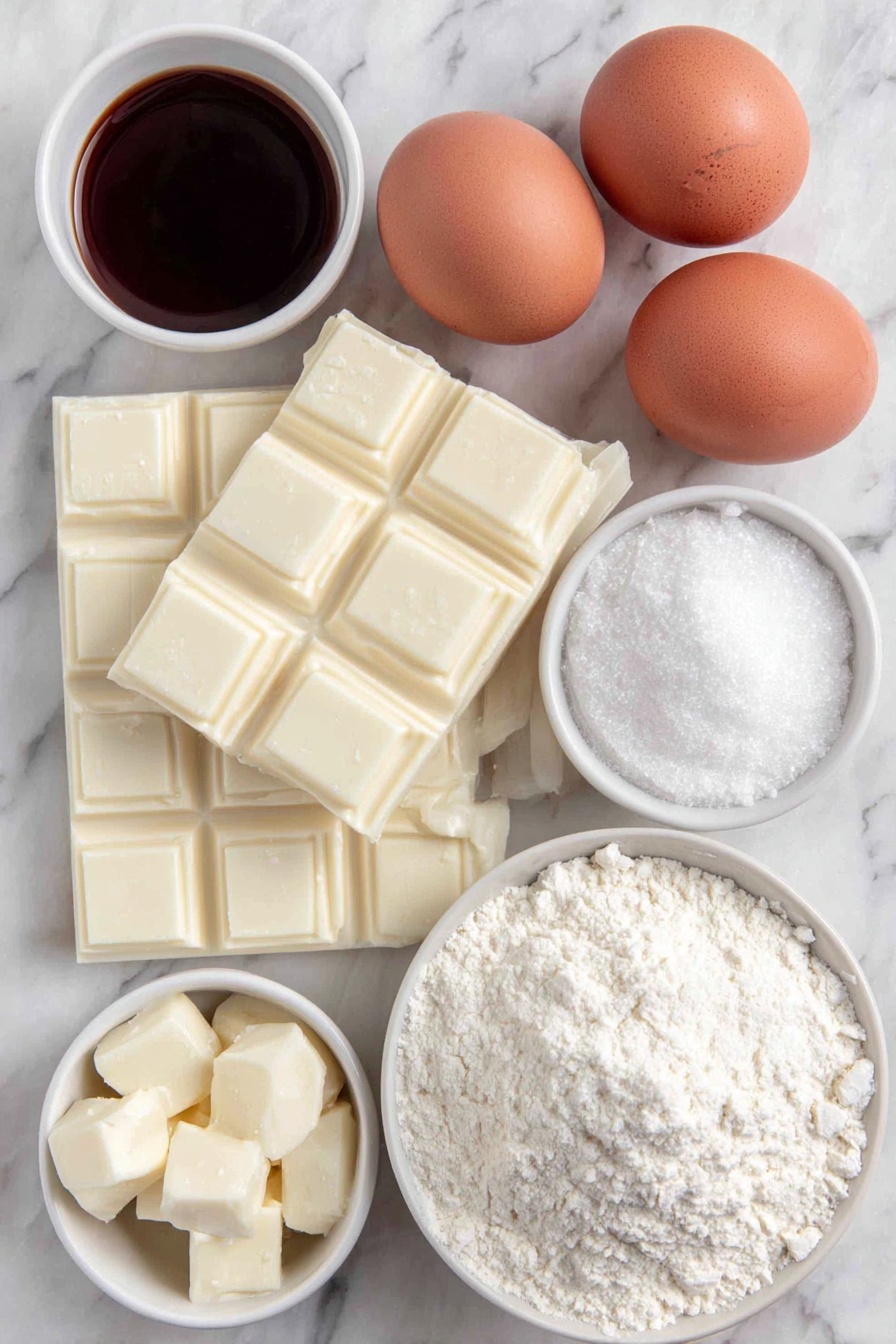 White Chocolate Brownie Bars, white chocolate brownies, easy white chocolate dessert, creamy white chocolate treats, soft brownie bar recipes - Flat lay of chopped white chocolate bars, small cubes of unsalted butter, two whole brown eggs with clean shells, two whole egg yolks in a small white ceramic bowl, granulated white sugar in a small white ceramic bowl, vanilla extract in a small white ceramic bowl, all-purpose flour in a small white ceramic bowl, a small white ceramic bowl of salt, all arranged with perfect symmetry and balanced proportions, placed on a clean white marble surface, soft natural light, photo taken with an iPhone, professional food photography style, fresh ingredients, white ceramic bowls, no bottles, no duplicates, no utensils, no packaging --ar 2:3 --v 7 --p m7354615311229779997