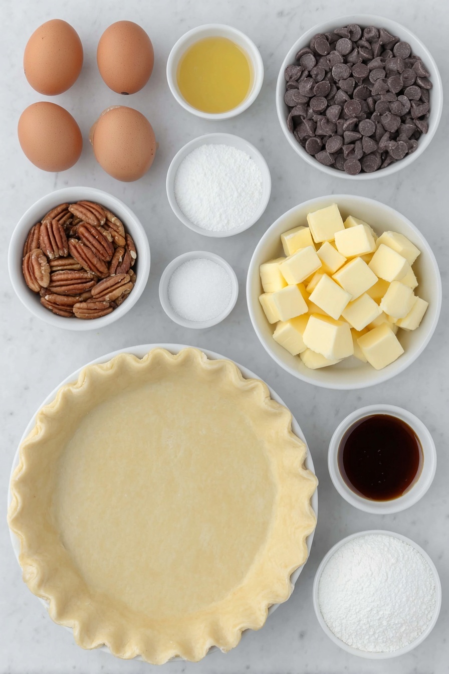 Chocolate Bourbon Pecan Pie, decadent pecan pie with bourbon and chocolate, easy chocolate pecan pie recipe, boozy pecan pie dessert, rich holiday pie dessert - Flat lay of whole uncracked brown eggs with clean shells, a small cluster of fresh whole pecans, a small white ceramic bowl filled with glossy semisweet chocolate chips, a small white ceramic bowl holding golden unsalted butter cubes, a small white ceramic bowl with granulated white sugar, a small white ceramic bowl containing viscous light corn syrup, a small white ceramic bowl with rich amber bourbon, a small white ceramic bowl with pure vanilla extract, and a small white ceramic bowl with coarse kosher salt, one perfectly formed unbaked pie crust dough disk resting flat, all ingredients arranged in perfect symmetry on a clean white marble surface, soft natural light, photo taken with an iPhone, professional food photography style, fresh ingredients, white ceramic bowls, no bottles, no duplicates, no utensils, no packaging --ar 2:3 --v 7 --p m7354615311229779997