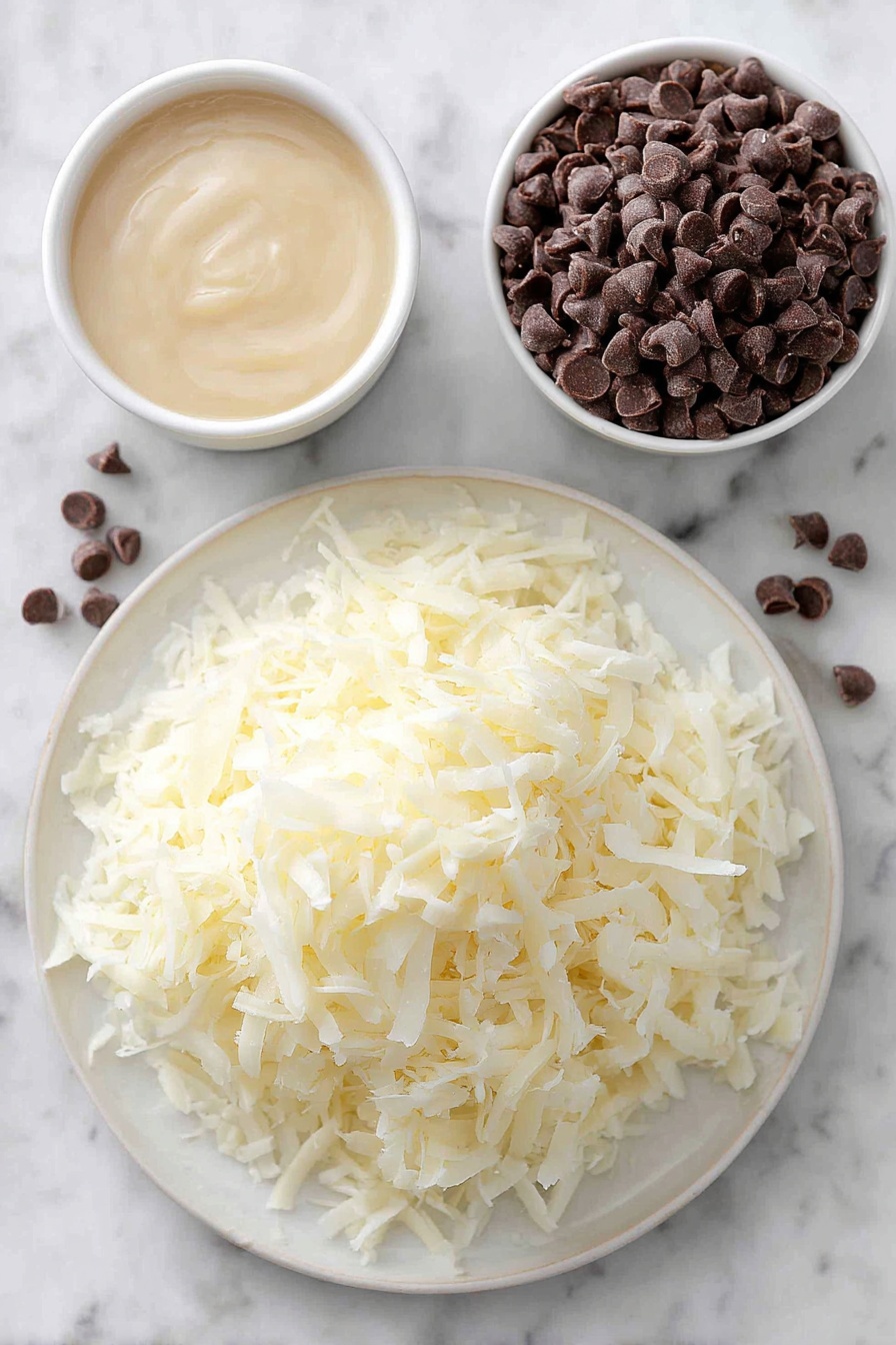 Coconut Macaroons with Chocolate Drizzle, coconut macaroon recipes, easy coconut macaroons, chocolate drizzle desserts, homemade coconut treats - Flat lay of sweetened shredded coconut piled loosely on a simple white ceramic plate, a small white bowl filled with thick sweetened condensed milk, a neat pile of shiny semi-sweet chocolate chips on a white ceramic dish, placed on a clean white marble surface, soft natural light, photo taken with an iPhone, professional food photography style, fresh ingredients, white ceramic bowls, no bottles, no duplicates, no utensils, no packaging --ar 2:3 --v 7 --p m7354615311229779997