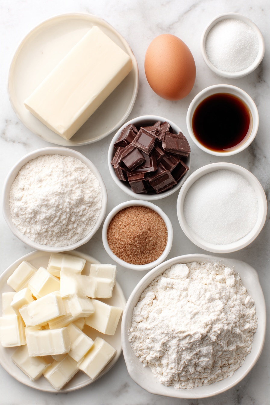 Eggnog Snickerdoodle Thumbprint Cookies, holiday cookie recipes, festive Christmas cookies, soft gingerbread cookies, cinnamon sugar thumbprint cookies - Flat lay of unsalted butter stick with a smooth surface, light brown sugar in a small white ceramic bowl, white granulated sugar in a small white ceramic bowl, one medium egg with an uncracked clean shell, a small white ceramic bowl of vanilla extract, a mound of all purpose flour with a soft texture, a small white ceramic bowl of kosher salt, a small white ceramic bowl of baking soda, a small white ceramic bowl of cream of tartar, a small white ceramic bowl containing granulated sugar mixed with ground cinnamon, chopped white chocolate pieces in a small white ceramic bowl, a small white ceramic bowl of eggnog, a small white ceramic bowl of dark rum, freshly grated nutmeg piled on a small white ceramic plate placed on a clean white marble surface, soft natural light, photo taken with an iPhone, professional food photography style, fresh ingredients, white ceramic bowls, no bottles, no duplicates, no utensils, no packaging --ar 2:3 --v 7 --p m7354615311229779997