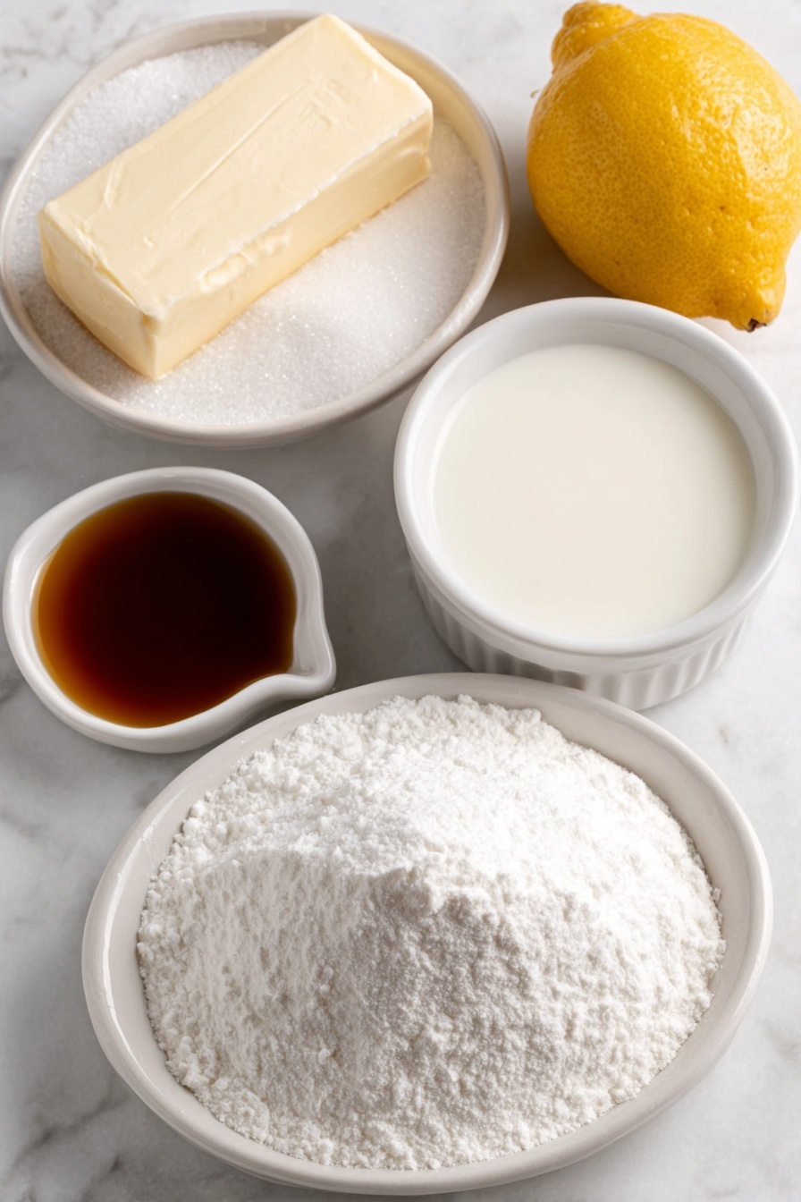 Easy Buttercream Frosting, buttercream frosting recipe, homemade buttercream icing, simple frosting for cakes, quick buttercream recipe - Flat lay of a small mound of fine white confectioner’s sugar, a stick of soft pale yellow butter with a smooth surface, a small white bowl of clear milk, a small white bowl of golden vanilla extract, and a fresh whole lemon with bright yellow skin, all arranged symmetrically in simple white ceramic bowls and plates, placed on a clean white marble surface, soft natural light, photo taken with an iPhone, professional food photography style, fresh ingredients, white ceramic bowls, no bottles, no duplicates, no utensils, no packaging --ar 2:3 --v 7 --p m7354615311229779997