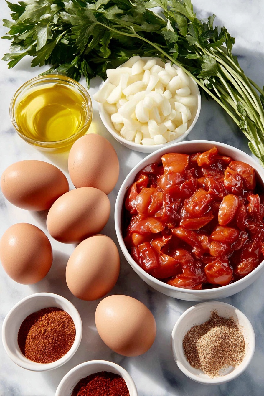 Easy Traditional Shakshuka, shakshuka recipe, eggs in tomato sauce, middle eastern breakfast, simple shakshuka - Flat lay of a small white ceramic bowl filled with golden olive oil, a medium peeled and diced white onion, a whole red bell pepper cut into chunks, four peeled garlic cloves, a small white bowl containing vibrant red paprika powder, a small white bowl with earthy brown cumin powder, a tiny white bowl holding fine red chili powder, a simple white ceramic bowl with whole peeled tomatoes in rich red juice, six whole large brown eggs with clean shells, a few sprigs of fresh green cilantro, and a few sprigs of fresh bright green parsley all arranged symmetrically and balanced, placed on a clean white marble surface, soft natural light, photo taken with an iPhone, professional food photography style, fresh ingredients, white ceramic bowls, no bottles, no duplicates, no utensils, no packaging --ar 2:3 --v 7 --p m7354615311229779997