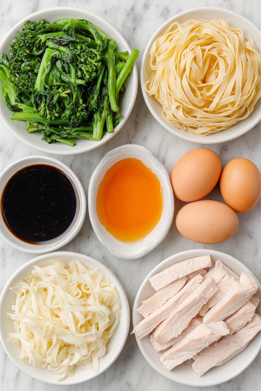 15 Minute Thai Pad See Ew Stir Fry, Thai stir fry recipes, quick Thai dinner ideas, authentic Pad See Ew, easy Thai noodle recipes - Flat lay of wide dried rice noodles loosely coiled, fresh raw chicken breast sliced into strips, vibrant green Chinese broccoli cut into bite-sized pieces, two large smooth brown eggs with clean shells, three cloves of fresh garlic unpeeled, small white ceramic bowls containing dark glossy Thai sweet soy sauce, translucent amber fish sauce, thick caramel-colored oyster sauce, dark soy sauce with almost black hue, fine white powder of white pepper, and granulated white sugar, all arranged symmetrically with perfect balance on a clean white marble surface, soft natural light, photo taken with an iPhone, professional food photography style, fresh ingredients, white ceramic bowls, no bottles, no duplicates, no utensils, no packaging --ar 2:3 --v 7 --p m7354615311229779997