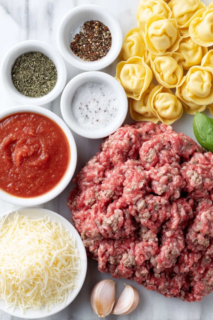 Cheesy Baked Tortellini with Beef, baked tortellini with beef, cheesy pasta bake, hearty meat tortellini casserole, comforting baked tortellini recipe - Flat lay of a mound of fresh ground beef, three uncracked brown garlic cloves, small white bowls each containing dried basil, dried parsley, dried oregano, dried thyme, and a pinch of crushed red pepper flakes, a small white bowl of coarse salt and freshly ground black pepper, a small white bowl filled with vibrant red marinara sauce, a handful of uncooked cheese tortellini pasta with delicate folded edges, a small pile of shredded mozzarella cheese, and a small heap of grated Parmesan cheese, all neatly arranged in perfect symmetry on a simple white ceramic surface, placed on a clean white marble surface, soft natural light, photo taken with an iPhone, professional food photography style, fresh ingredients, white ceramic bowls, no bottles, no duplicates, no utensils, no packaging --ar 2:3 --v 7 --p m7354615311229779997