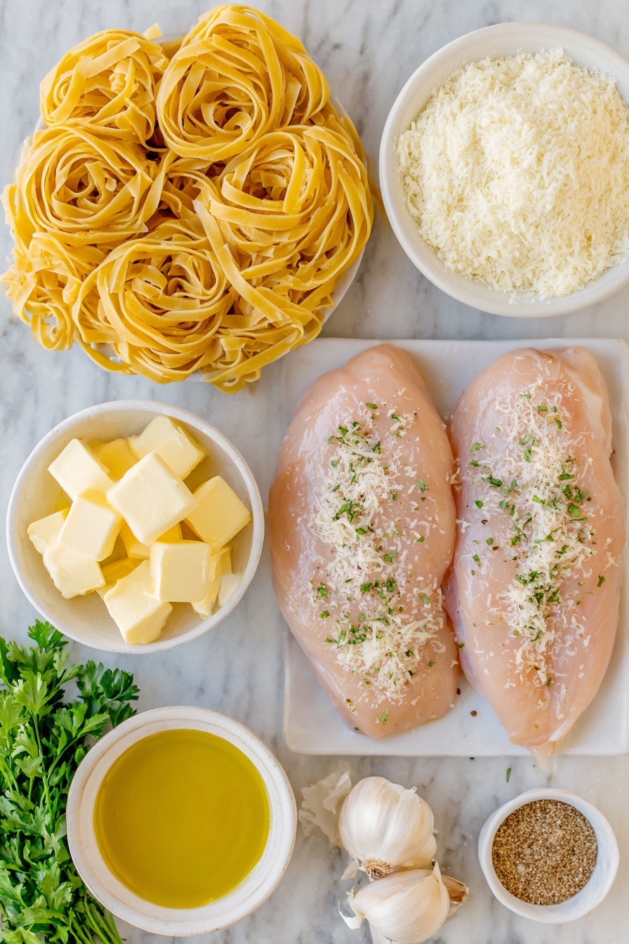 Creamy Fettuccine Alfredo with Chicken, easy chicken Alfredo pasta, homemade Alfredo sauce, comforting chicken pasta dish, quick weeknight Alfredo - Flat lay of two raw boneless skinless chicken breasts seasoned with coarse sea salt and freshly ground black pepper, a small white ceramic bowl of golden olive oil, a neatly coiled nest of uncooked fettuccine pasta, four whole uncracked brown garlic bulbs, a small white bowl filled with pale creamy unsalted butter cubes, a small white bowl of fine all-purpose flour, a small white bowl of smooth half and half cream, a small white bowl containing fine sea salt, a delicate pinch of ground nutmeg and white pepper on a white ceramic plate, a small white bowl heaped with freshly grated Parmesan cheese, and a few sprigs of vibrant finely chopped fresh parsley, all arranged in perfect symmetry and balanced proportions, placed on a clean white marble surface, soft natural light, photo taken with an iPhone, professional food photography style, fresh ingredients, white ceramic bowls, no bottles, no duplicates, no utensils, no packaging --ar 2:3 --v 7 --p m7354615311229779997