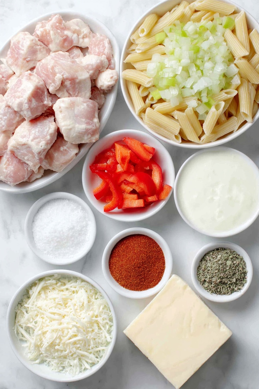 Creamy Cajun Chicken Pasta, Cajun Chicken Pasta, Creamy Pasta Recipes, Spicy Chicken Pasta, Easy Cajun Pasta Dinner - Flat lay of cooked penne pasta, raw boneless skinless chicken breast pieces, a small mound of bright red sliced bell peppers, diced half yellow onion, a few sprigs of dried basil, a small white bowl of heavy cream, a small white bowl of smoked paprika powder, a small white bowl of garlic powder, a small white bowl of Cajun seasoning, a small white bowl of salt, a small white bowl of black pepper, a portion of fresh parmesan cheese wedge, and a few tablespoons of salted butter placed on a clean white marble surface, soft natural light, photo taken with an iPhone, professional food photography style, fresh ingredients, white ceramic bowls, no bottles, no duplicates, no utensils, no packaging --ar 2:3 --v 7 --p m7354615311229779997