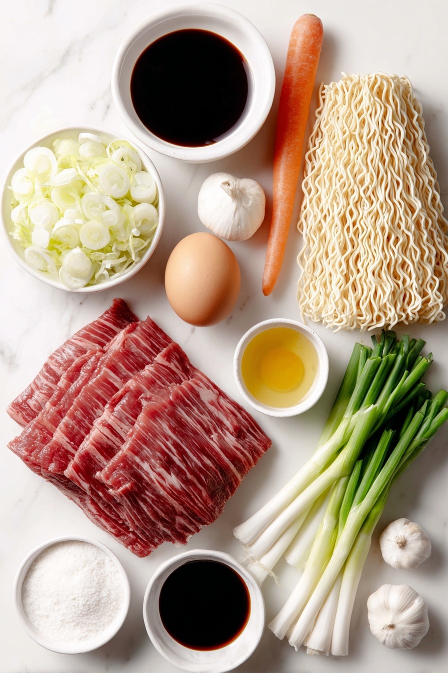 Beef Lo Mein Stir-Fry, quick beef stir-fry recipe, easy Chinese beef and noodle dish, flavorful veggie stir-fry, tender beef lo mein - Flat lay of a small pile of raw flank steak strips, a medium whole carrot, a handful of sliced green cabbage, a small mound of thinly sliced white onion, five fresh scallions with green tops and white bottoms separated, five peeled garlic cloves roughly chopped, a small pile of dry lo mein noodles, a small white ceramic bowl with light brown oyster sauce, a small white ceramic bowl with dark soy sauce, a small white ceramic bowl with light soy sauce, a small white ceramic bowl with golden sesame oil, a small white ceramic bowl with white sugar, a small white ceramic bowl with white cornstarch, a small white ceramic bowl with clear water, a small white ceramic bowl with Shaoxing wine, one whole uncracked brown egg, and a few sprigs of fresh white peppercorns, arranged in perfect symmetry on simple white ceramic bowls and plates, placed on a clean white marble surface, soft natural light, photo taken with an iPhone, professional food photography style, fresh ingredients, white ceramic bowls, no bottles, no duplicates, no utensils, no packaging --ar 2:3 --v 7 --p m7354615311229779997