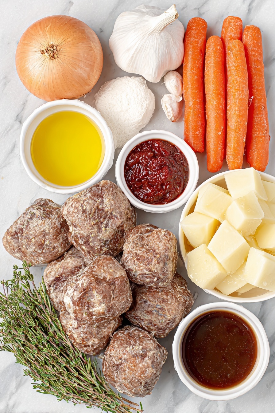 Vegan Irish Stew with Beer and Vegetables, hearty plant-based stew, vegan Irish stew recipe, vegan beer vegetable stew, plant-based Irish stew - Flat lay of a large sweet onion with its papery skin removed, three large garlic cloves with smooth white skins, four peeled carrots cut into rustic chunks, four peeled Yukon Gold potatoes cut into chunks showing their creamy interior, a small white ceramic bowl filled with golden olive oil, a small white ceramic bowl holding bright red tomato paste, a small white ceramic bowl with dark brewing Guinness stout, a small white ceramic bowl containing rich vegetable broth, a small white ceramic bowl with vegan Worcestershire sauce, a small white ceramic bowl with light beige dried rosemary leaves, a small white ceramic bowl with dried thyme sprigs, a small white ceramic bowl with freshly ground black pepper, a small white ceramic bowl with pale white cornstarch powder, a small white ceramic bowl filled with clear water, and a portion of natural-looking browned Gardein beefless tips piled neatly, all arranged with perfect symmetry and realistic proportions, placed on a clean white marble surface, soft natural light, photo taken with an iPhone, professional food photography style, fresh ingredients, white ceramic bowls, no bottles, no duplicates, no utensils, no packaging --ar 2:3 --v 7 --p m7354615311229779997