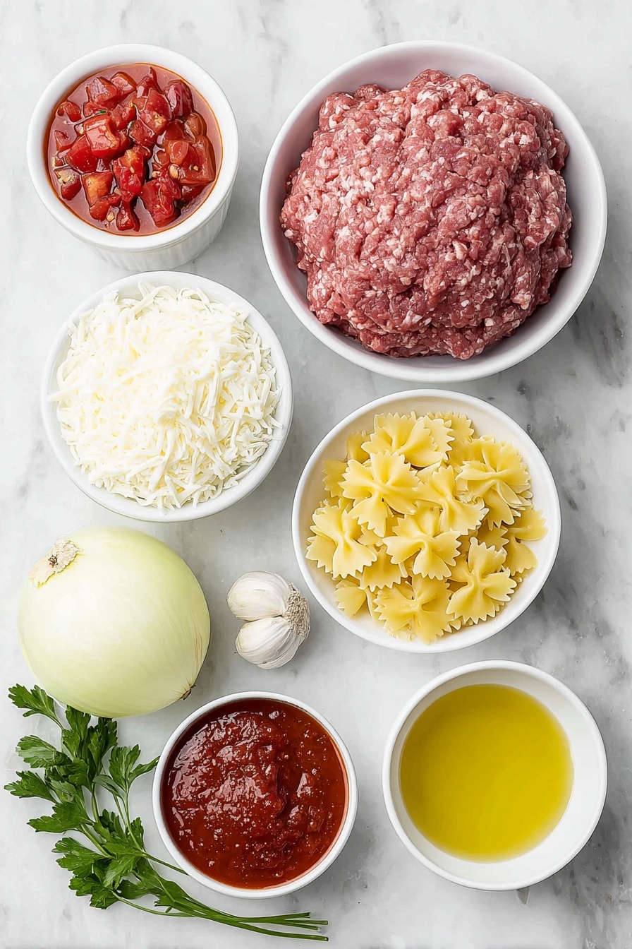 Lasagna Soup, easy lasagna soup recipe, hearty lasagna soup, cozy soup recipes, quick weeknight dinners - Flat lay of a small pool of golden olive oil in a simple white ceramic bowl, a heap of fresh raw ground beef shaped naturally, a large peeled yellow onion cut in half to show its layers, four whole uncracked garlic cloves, a small white bowl filled with bright red diced tomatoes with juice, a small white bowl containing smooth tomato sauce, a smaller white bowl with thick, deep red tomato paste, a simple white bowl holding clear golden chicken broth, uncooked bowtie (farfalle) pasta scattered neatly in a small white bowl, a delicate mound of fresh ricotta cheese on a white ceramic plate, shredded mozzarella cheese in a small white bowl, freshly shaved parmesan cheese resting on a plain white plate, and a small bunch of fresh vibrant green parsley sprigs arranged elegantly beside them, all placed on a clean white marble surface, soft natural light, photo taken with an iPhone, professional food photography style, fresh ingredients, white ceramic bowls, no bottles, no duplicates, no utensils, no packaging --ar 2:3 --v 7 --p m7354615311229779997