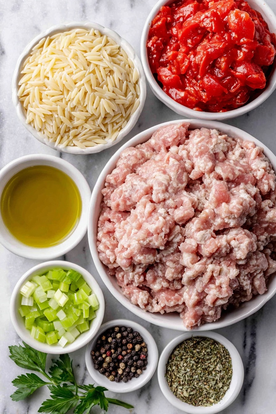 Italian Sausage Soup Italian Sausage Soup Recipe hearty comforting savory flavorful easy wholesome pasta soup - Flat lay of a small white ceramic bowl of golden olive oil, a pile of fresh Italian sausage meat, half a medium yellow onion diced, two bright green celery ribs chopped, three peeled garlic cloves finely grated, a small white ceramic bowl of uncooked orzo pasta, a simple white ceramic bowl filled with bright red diced tomatoes with juice, a small white ceramic bowl of rich golden chicken broth, a small white ceramic bowl of mixed Italian seasoning herbs, a small white ceramic bowl of coarse sea salt, a small white ceramic bowl of cracked black peppercorns, fresh sprigs of green parsley placed neatly, placed on a clean white marble surface, soft natural light, photo taken with an iPhone, professional food photography style, fresh ingredients, white ceramic bowls, no bottles, no duplicates, no utensils, no packaging --ar 2:3 --v 7 --p m7354615311229779997