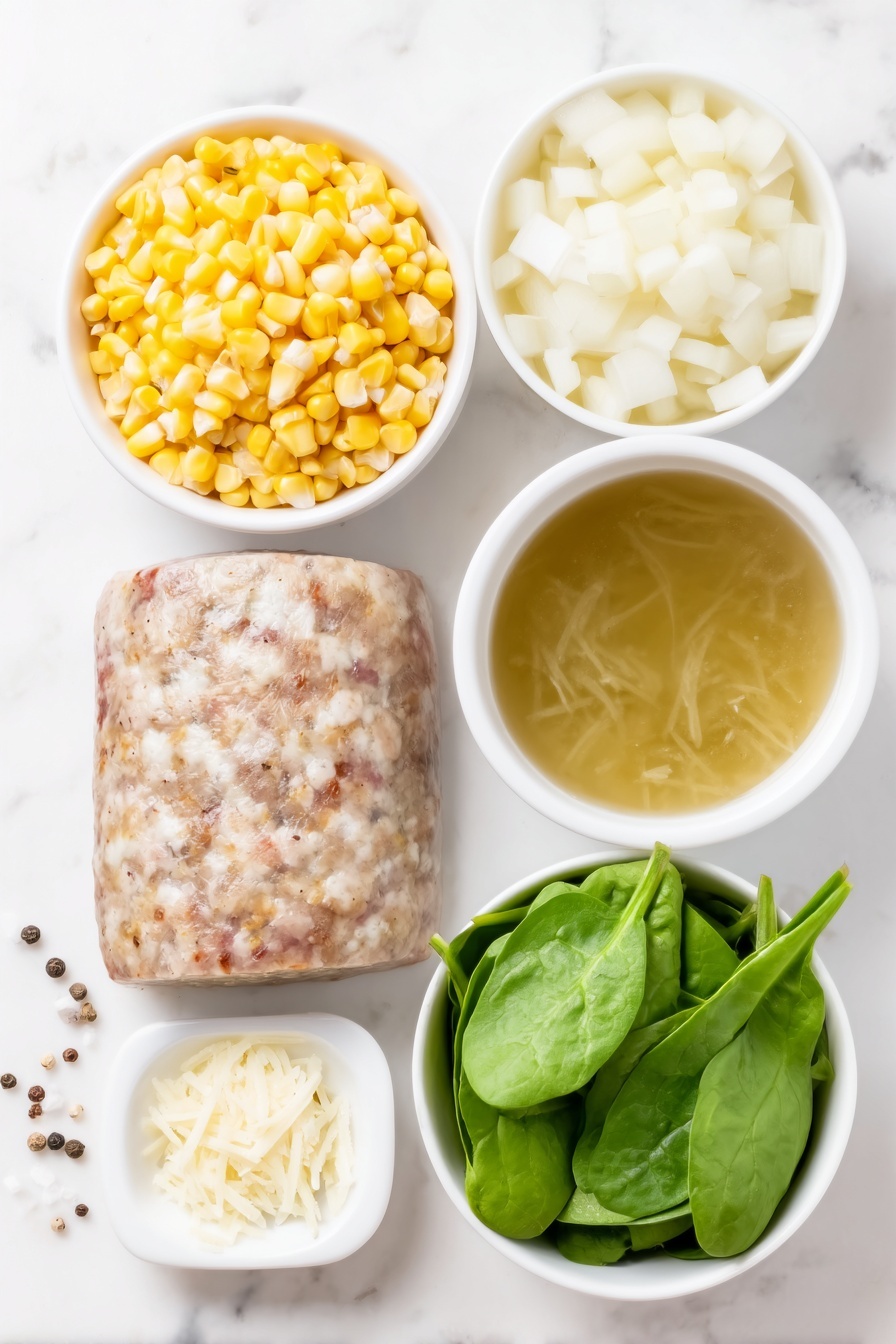 Creamy Sausage Orzo with Spinach, sausage orzo skillet, one-pot sausage and spinach dish, easy creamy sausage pasta, comforting sausage dinner - Flat lay of a whole mild Italian chicken sausage, half a medium yellow onion chopped into small pieces, a small white ceramic bowl filled with bright yellow frozen corn kernels, a simple white ceramic bowl holding uncooked orzo pasta, a small white ceramic bowl with golden chicken broth, a loose pile of fresh packed baby spinach leaves, a small white ceramic bowl of freshly grated pale parmesan cheese, and a few twists of freshly ground black pepper scattered nearby, all arranged with perfect symmetry on a clean white marble surface, soft natural light, photo taken with an iPhone, professional food photography style, fresh ingredients, white ceramic bowls, no bottles, no duplicates, no utensils, no packaging --ar 2:3 --v 7 --p m7354615311229779997