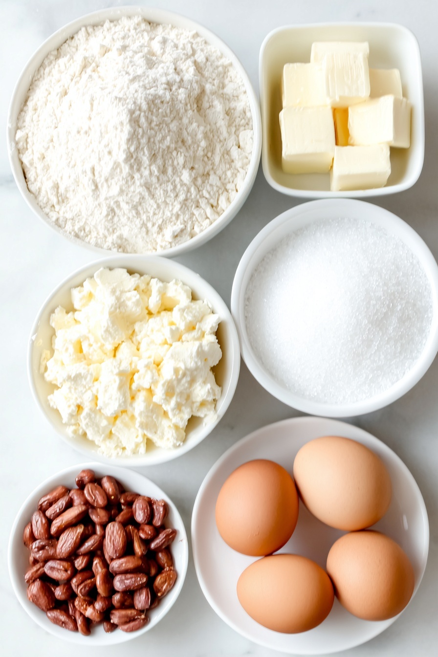 Peanut Butter Cake with Creamy Frosting, peanut butter cake recipe, easy peanut butter cake, moist peanut butter cake, nutty dessert ideas - Flat lay of a small mound of all purpose flour, a small mound of granulated sugar, a small white bowl of baking soda powder, a small white bowl of salt crystals, a few cubes of unsalted butter, a small white bowl of water, a small dollop of creamy peanut butter, a small white bowl of vegetable oil, two whole uncracked brown eggs, a small white bowl of buttermilk, a small white bowl of vanilla extract, a small mound of sifted confectioner’s sugar, and a handful of roasted peanuts, all arranged symmetrically on simple white ceramic plates and bowls, placed on a clean white marble surface, soft natural light, photo taken with an iPhone, professional food photography style, fresh ingredients, white ceramic bowls, no bottles, no duplicates, no utensils, no packaging --ar 2:3 --v 7 --p m7354615311229779997