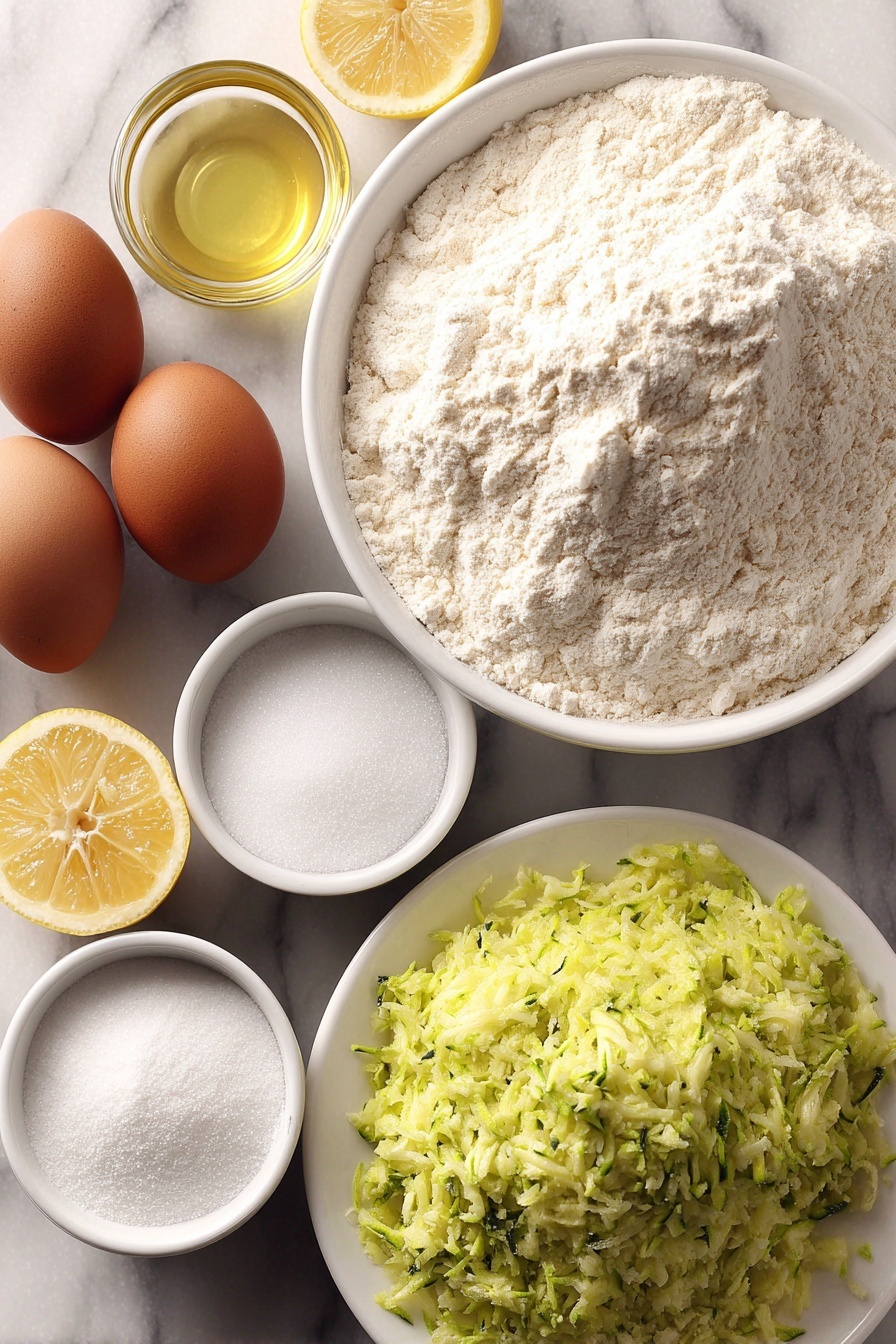Lemon Zucchini Bread, Lemon Zucchini Bread recipe, Moist Lemon Zucchini Bread, Healthy Lemon Zucchini Bread, Easy Lemon Zucchini Bread - Flat lay of all purpose flour in a small white ceramic bowl, kosher salt in a small white bowl, baking soda in a small white bowl, baking powder in a small white bowl, two large uncracked brown eggs, clear vegetable oil in a small white bowl, granulated white sugar in a small white bowl, vanilla extract in a small white bowl, shredded green zucchini piled loosely on a white ceramic plate, two whole bright yellow lemons with one sliced in half showing juicy interior, confectioners sugar in a small white bowl, all arranged symmetrically with perfect proportions, placed on a clean white marble surface, soft natural light, photo taken with an iPhone, professional food photography style, fresh ingredients, white ceramic bowls, no bottles, no duplicates, no utensils, no packaging --ar 2:3 --v 7 --p m7354615311229779997