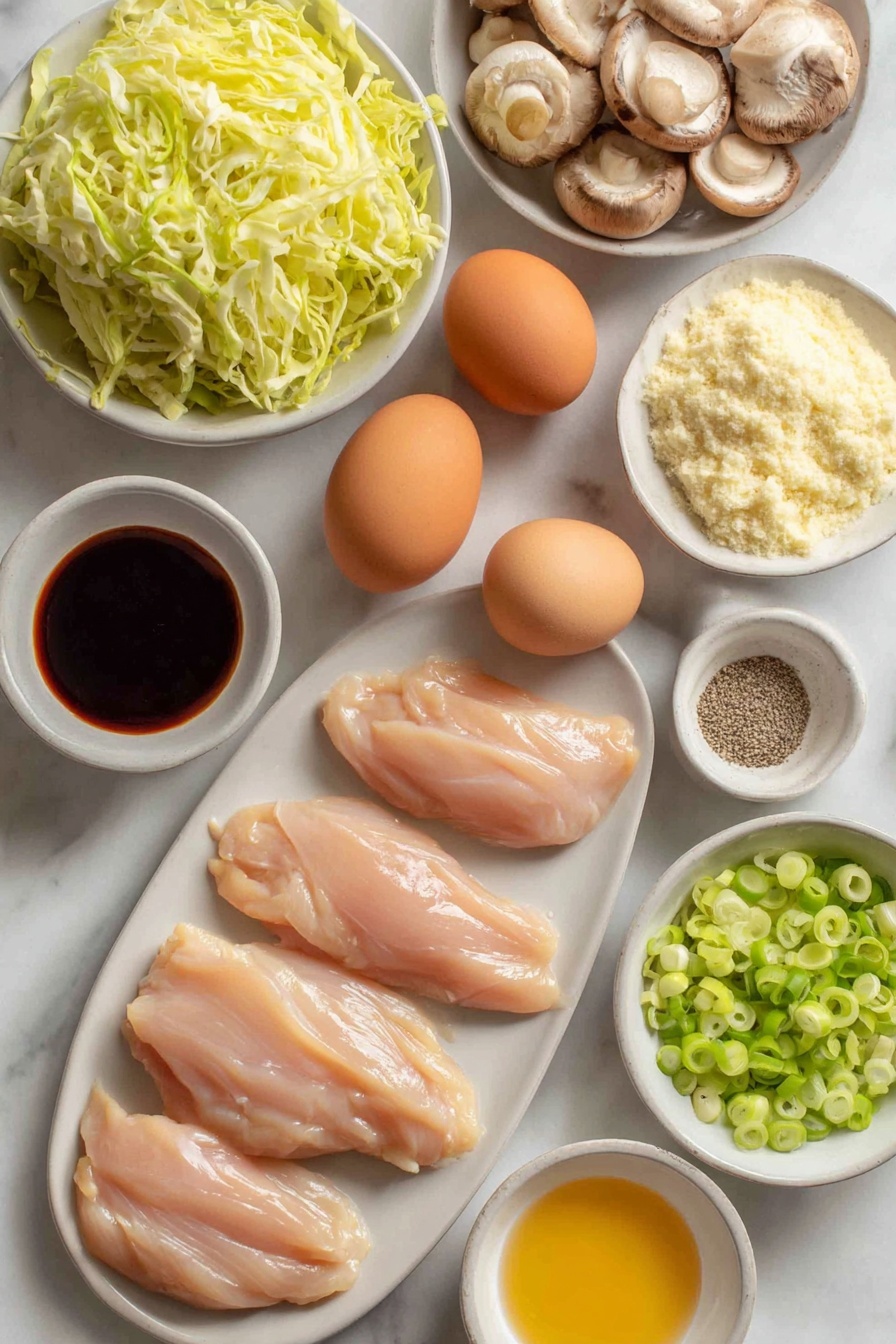 Moo Shu Chicken, Chinese takeout style Moo Shu Chicken, easy Chinese stir-fry, quick weeknight dinner, homemade Moo Shu Chicken - Flat lay of thin strips of raw boneless skinless chicken breast, two whole uncracked brown eggs, fresh sliced shiitake mushrooms, a pile of sliced green Napa cabbage, thinly sliced green onions, small white ceramic bowls containing thick dark hoisin sauce, soy sauce, clear rice vinegar, minced garlic cloves, freshly grated ginger, cornstarch powder, golden sesame oil, ground black pepper, and pale golden mirin, all arranged symmetrically on a clean white marble surface, soft natural light, photo taken with an iPhone, professional food photography style, fresh ingredients, white ceramic bowls, no bottles, no duplicates, no utensils, no packaging --ar 2:3 --v 7 --p m7354615311229779997