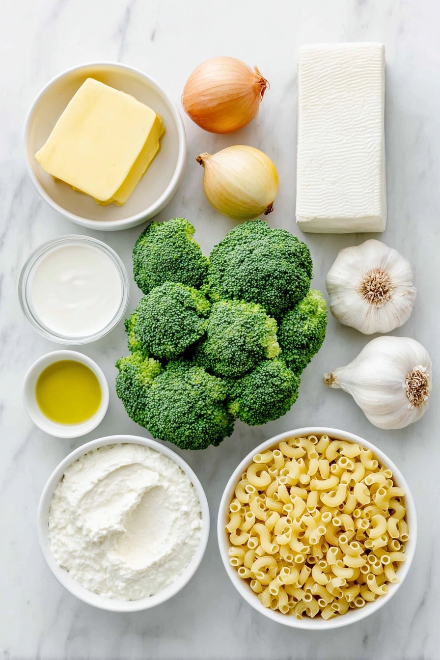 Creamy Broccoli Pasta, creamy broccoli pasta recipe, easy broccoli pasta, vegan broccoli pasta, healthy pasta with broccoli - Flat lay of a small pat of fresh yellow butter, a small white bowl of golden olive oil, a whole unpeeled yellow onion, vibrant green broccoli florets, four peeled garlic cloves, a small white bowl filled with thick heavy cream, a block of fresh mozzarella cheese, a wedge of parmesan cheese, a small white bowl with clear pasta water, and uncooked ditalini pasta scattered neatly, all arranged symmetrically on simple white ceramic bowls and plates, placed on a clean white marble surface, soft natural light, photo taken with an iPhone, professional food photography style, fresh ingredients, white ceramic bowls, no bottles, no duplicates, no utensils, no packaging --ar 2:3 --v 7 --p m7354615311229779997