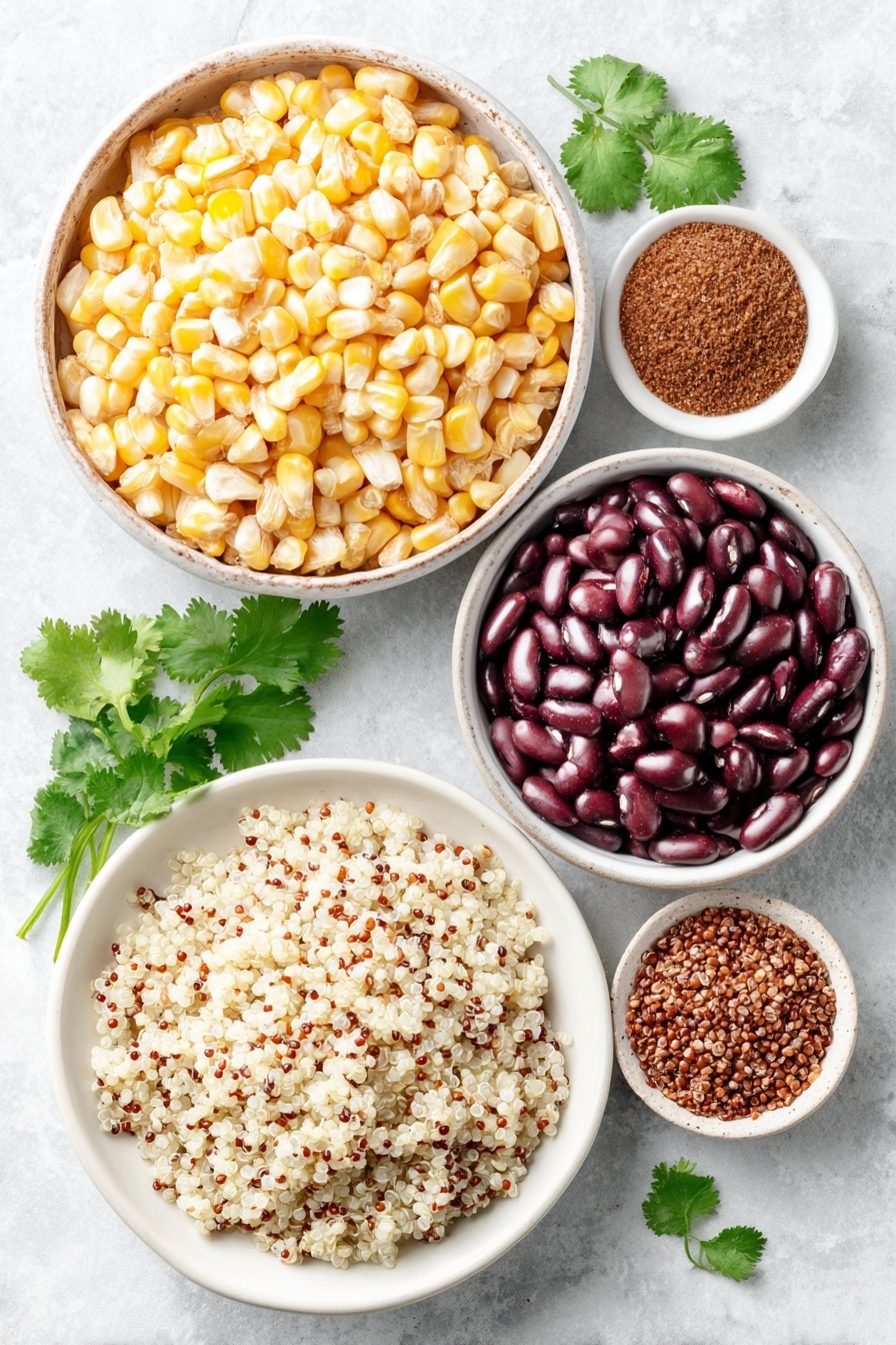 Easy Mexican Quinoa Bowl, Mexican quinoa bowl, healthy quinoa bowl, quick vegetarian dinner, flavorful quinoa salad - Flat lay of fresh yellow corn kernels in a small white ceramic bowl, cooked fluffy white quinoa spread loosely on a simple white ceramic plate, a small white bowl filled with shiny black beans, a small white bowl containing vibrant red salsa, a small white bowl with warm brown ground cumin powder, and a few bright green sprigs of fresh cilantro arranged neatly, all placed on a clean white marble surface, soft natural light, photo taken with an iPhone, professional food photography style, fresh ingredients, white ceramic bowls, no bottles, no duplicates, no utensils, no packaging --ar 2:3 --v 7 --p m7354615311229779997