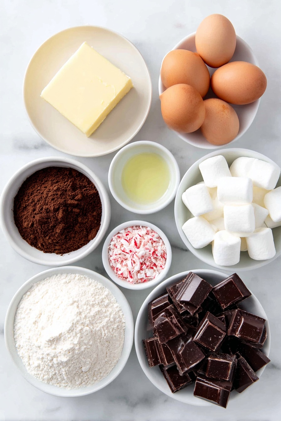 Peppermint Hot Chocolate Cookies, festive holiday cookies, chocolate peppermint treats, winter cookie recipes, easy peppermint cookies - Flat lay of a pile of broken semi-sweet dark chocolate pieces, a few cubes of unsalted butter, a small mound of all-purpose flour, a pinch of baking powder next to a tiny heap of salt, a small white bowl filled with Dutch-process cocoa powder, three whole brown eggs with clean shells, a small cluster of light brown sugar, a small white bowl with clear vanilla extract, a small white bowl containing peppermint extract, a handful of semisweet chocolate chunks, several large white marshmallows, and a small white bowl with crushed red-and-white peppermint candy, all arranged in perfect symmetry on simple white ceramic dishes, placed on a clean white marble surface, soft natural light, photo taken with an iPhone, professional food photography style, fresh ingredients, white ceramic bowls, no bottles, no duplicates, no utensils, no packaging --ar 2:3 --v 7 --p m7354615311229779997