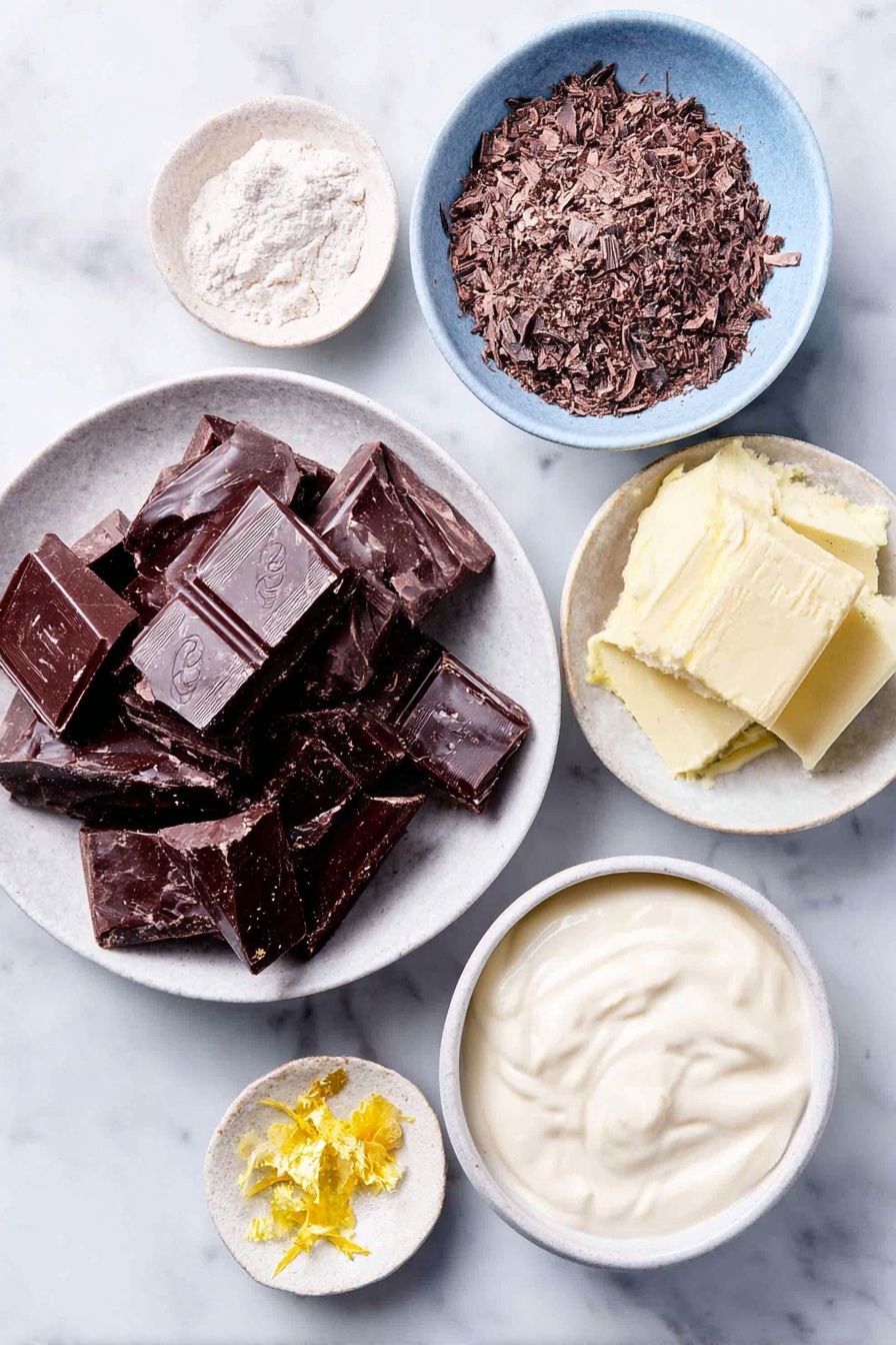 Chocolate Orange Truffles, chocolate orange desserts, citrus truffles, handmade chocolate candies, holiday truffles - Flat lay of finely chopped dark chocolate pieces, a small white bowl of heavy cream, a few bright orange zest strips, smooth dark chocolate chunks for enrobing, fresh orange peel curls, delicate sheets of edible gold leaf arranged flat, all placed in simple white ceramic bowls and dishes, perfectly balanced and symmetrical arrangement on a clean white marble surface, soft natural light, photo taken with an iPhone, professional food photography style, fresh ingredients, white ceramic bowls, no bottles, no duplicates, no utensils, no packaging --ar 2:3 --v 7 --p m7354615311229779997