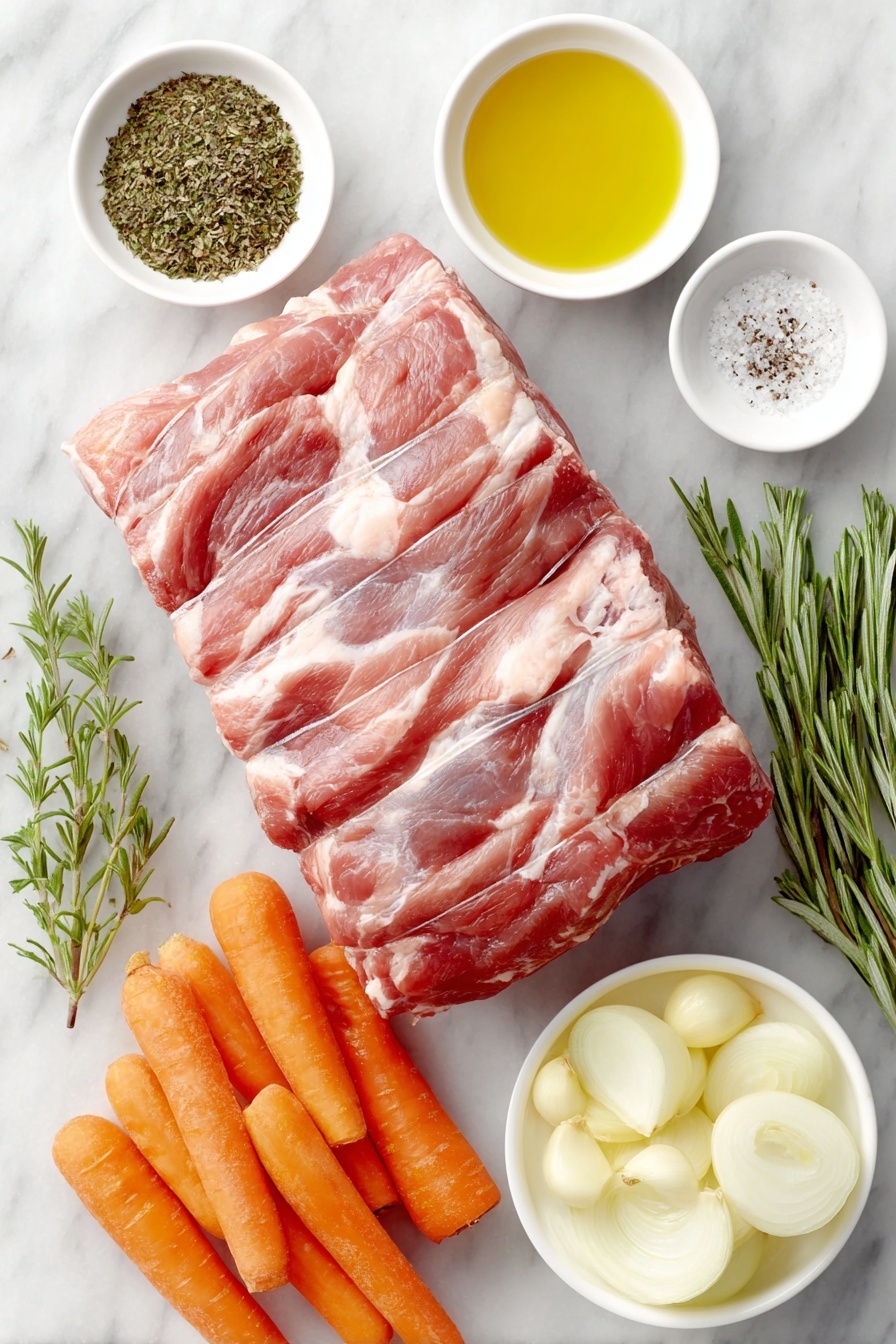 Italian Herb Pork Loin Pork Loin Roast with Herbs Easy Pork Roast Italian Seasoned Pork Loin - Flat lay of a boneless pork loin roast with a thin layer of fat, eight fresh medium carrots halved lengthwise, two medium quartered yellow onions, five peeled whole garlic cloves, a small white ceramic bowl of golden olive oil, a small white bowl containing mixed dried herbs including crushed basil, thyme, rosemary, and Italian seasoning, a small white bowl of coarse salt crystals, and a small white bowl of freshly ground black pepper, all arranged symmetrically on a clean white marble surface, soft natural light, photo taken with an iPhone, professional food photography style, fresh ingredients, white ceramic bowls, no bottles, no duplicates, no utensils, no packaging --ar 2:3 --v 7 --p m7354615311229779997