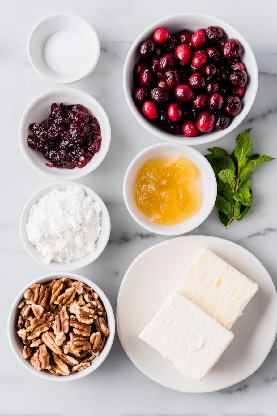 Cranberry Cream Cheese Dip, Christmas cranberry dip, holiday appetizer ideas, easy holiday dips, festive cream cheese dip - Flat lay of fresh whole cranberries, a small white bowl of white sugar, a small white bowl of golden apricot preserves, a small white bowl of clear water, a small pile of chopped pecans, two blocks of smooth cream cheese with clean edges, a few buttery crackers, and a sprig of fresh mint, all arranged in perfect symmetry on simple white ceramic dishes and plates, placed on a clean white marble surface, soft natural light, photo taken with an iPhone, professional food photography style, fresh ingredients, white ceramic bowls, no bottles, no duplicates, no utensils, no packaging --ar 2:3 --v 7 --p m7354615311229779997