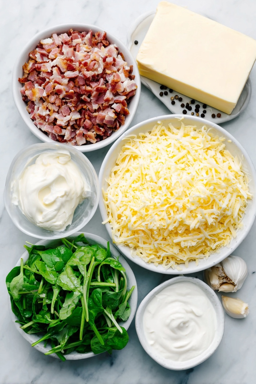 Bacon Spinach Artichoke Dip, spinach artichoke dip easy, cheesy bacon dip, party appetizer recipes, creamy bacon dip - Flat lay of crispy small diced bacon pieces, finely chopped artichoke hearts, tightly squeezed fresh green spinach leaves, a block of smooth cream cheese, shredded gouda cheese piled lightly, a small white bowl of sour cream, a small white bowl of mayonnaise, freshly grated parmesan cheese mound, two peeled garlic cloves, and black peppercorns scattered neatly, all arranged symmetrically on simple white ceramic bowls and plates, placed on a clean white marble surface, soft natural light, photo taken with an iPhone, professional food photography style, fresh ingredients, white ceramic bowls, no bottles, no duplicates, no utensils, no packaging --ar 2:3 --v 7 --p m7354615311229779997