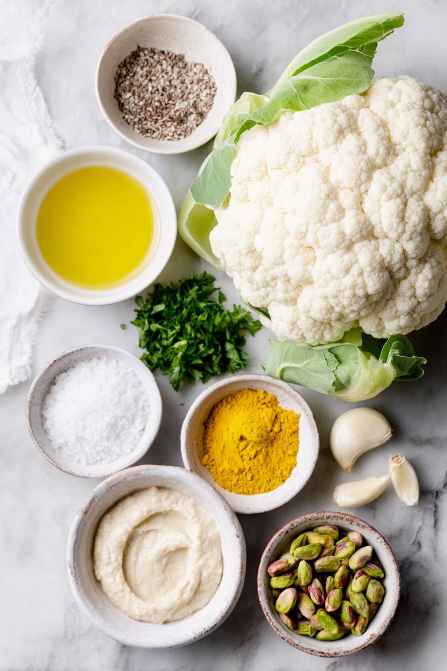 Roasted Cauliflower with Tahini Sauce, healthy roasted cauliflower, tahini cauliflower recipe, veggie side dish with tahini, easy roasted cauliflower - Flat lay of a medium whole cauliflower head with some green leaves attached, a small white ceramic bowl of golden olive oil, a small white ceramic bowl containing vibrant yellow turmeric powder, a small white ceramic bowl with whole cumin seeds, a small white ceramic bowl of flaky sea salt, a small white ceramic bowl filled with creamy beige tahini paste, a small white ceramic bowl of fresh lemon juice with tiny pulp bits visible, a small white ceramic bowl holding a peeled garlic clove, a small white ceramic bowl of roughly chopped bright green flat-leaf parsley, a small white ceramic bowl of roughly chopped fresh mint leaves, a small white ceramic bowl of shelled green pistachios, all perfectly arranged symmetrically and balanced, placed on a clean white marble surface, soft natural light, photo taken with an iPhone, professional food photography style, fresh ingredients, white ceramic bowls, no bottles, no duplicates, no utensils, no packaging --ar 2:3 --v 7 --p m7354615311229779997
