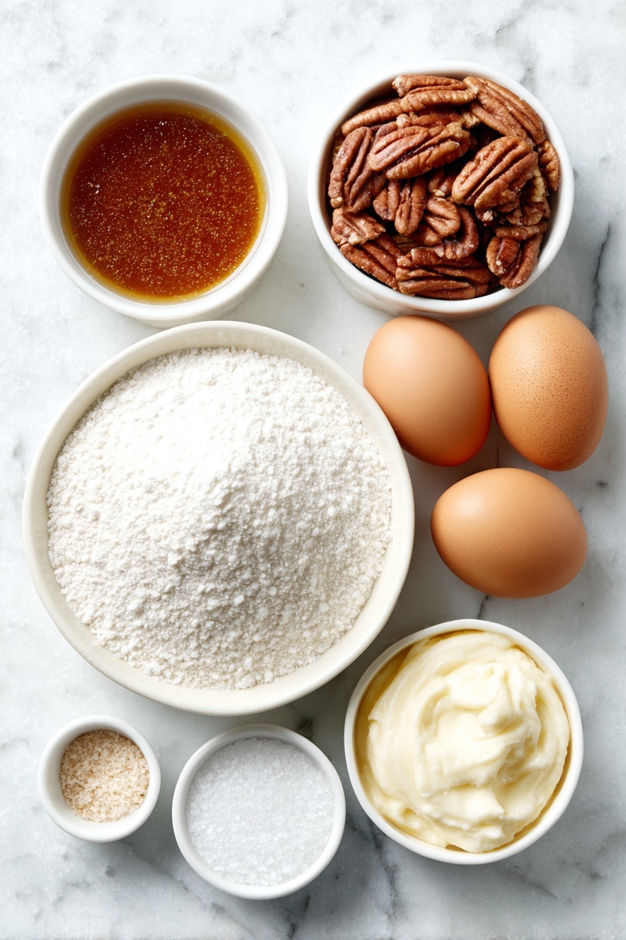 Old-Fashioned Divinity Candy, Divinity Candy Recipe, Classic Divinity Candy, Fluffy Divinity Candy, Homemade Divinity Candy - Flat lay of three whole uncracked brown eggs, a small mound of white granulated sugar on a simple white ceramic plate, a small white ceramic bowl filled with clear light corn syrup, a small white ceramic bowl of clear water, a few pecan halves scattered neatly on a white ceramic dish, a tiny white ceramic bowl with fine white salt crystals, and a small white ceramic bowl containing smooth vanilla bean paste, all arranged symmetrically and balanced, placed on a clean white marble surface, soft natural light, photo taken with an iPhone, professional food photography style, fresh ingredients, white ceramic bowls, no bottles, no duplicates, no utensils, no packaging --ar 2:3 --v 7 --p m7354615311229779997