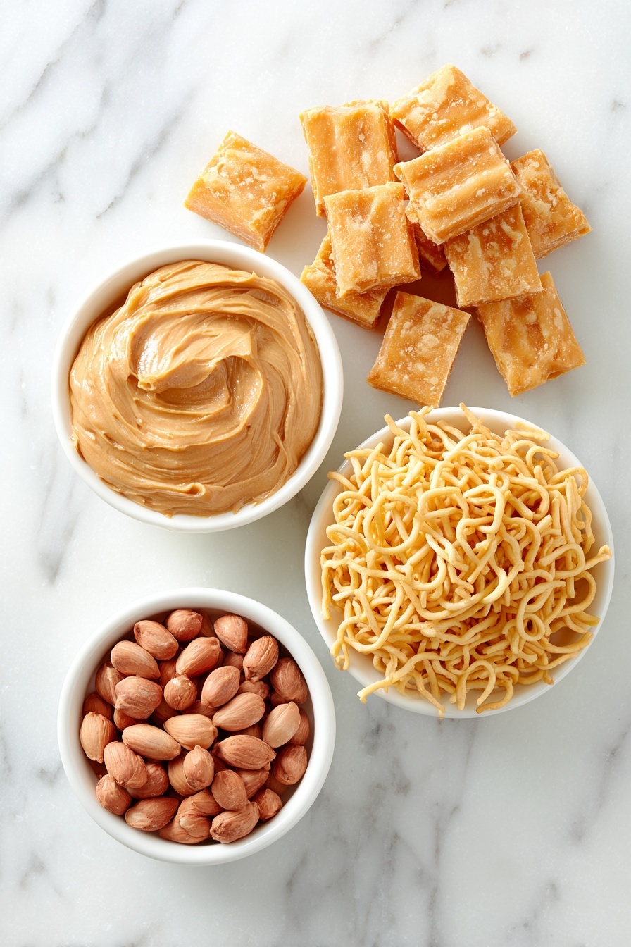 No Bake Peanuts and Chow Mein Cookies, easy no bake cookies, peanut chow mein treats, quick no bake dessert, homemade crunchy cookies - Flat lay of a small pile of smooth golden butterscotch chips, a neat mound of creamy light brown peanut butter, a handful of glossy salted peanuts with skins on, and a loose cluster of pale beige chow mein noodles, all arranged separately in simple white ceramic bowls and plates, placed on a clean white marble surface, soft natural light, photo taken with an iPhone, professional food photography style, fresh ingredients, white ceramic bowls, no bottles, no duplicates, no utensils, no packaging --ar 2:3 --v 7 --p m7354615311229779997