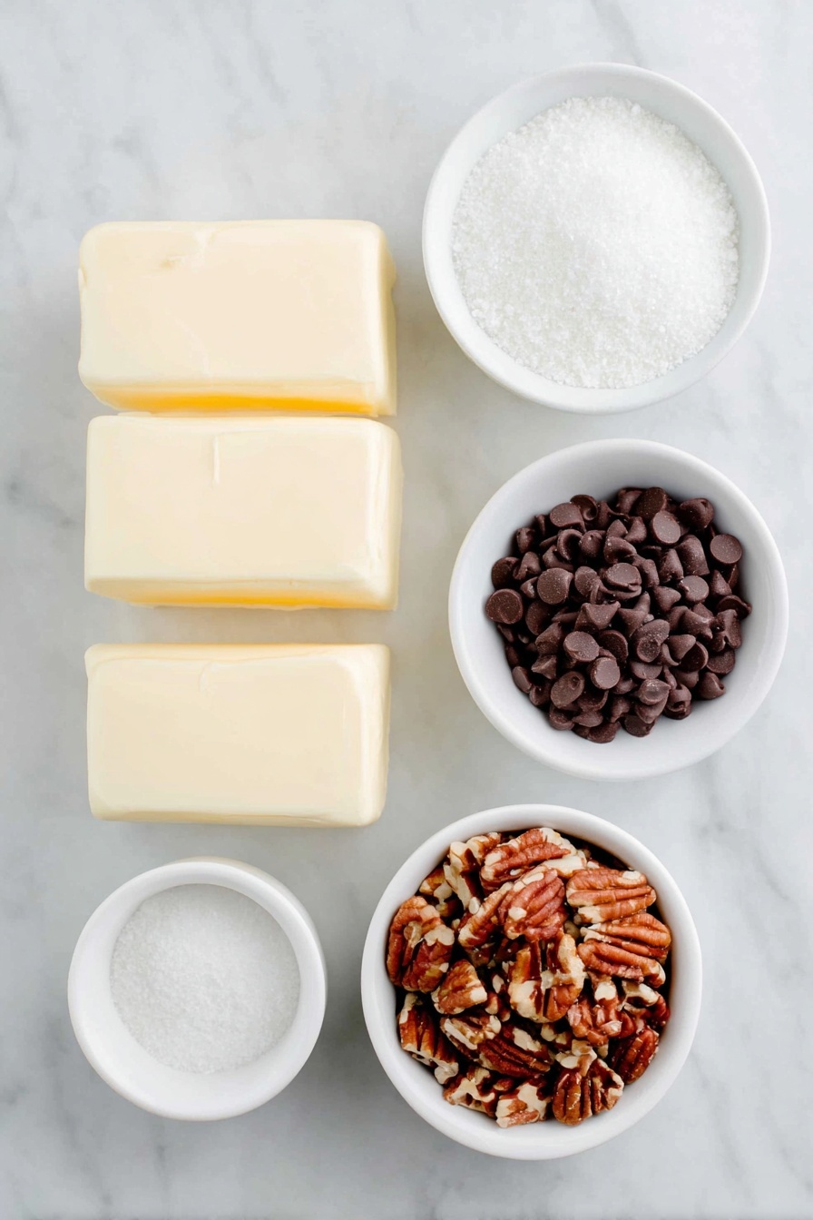 Homemade Toffee with Chocolate and Pecans, Toffee with Chocolate and Pecans, How to Make Toffee at Home, Easy Toffee Recipe with Nuts, Delicious Homemade Toffee - Flat lay of two sticks of fresh unsalted butter with clean edges, a small white ceramic bowl filled with granulated sugar, a small white ceramic bowl heaped with glossy semisweet chocolate chips, and a small white ceramic bowl holding finely chopped pecans, all arranged symmetrically on a clean white marble surface, soft natural light, photo taken with an iPhone, professional food photography style, fresh ingredients, white ceramic bowls, no bottles, no duplicates, no utensils, no packaging --ar 2:3 --v 7 --p m7354615311229779997