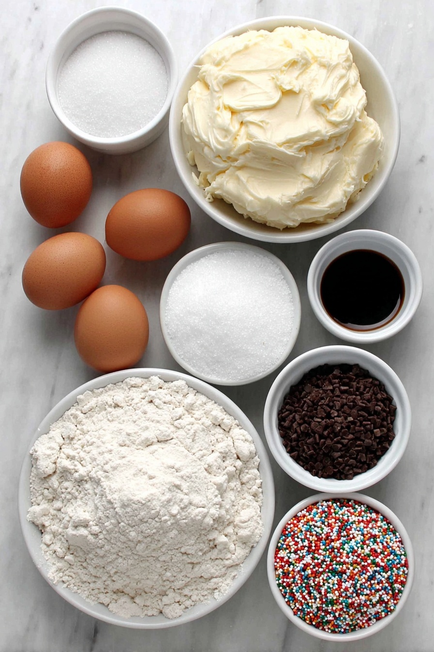 Festive Pinwheel Cookies, holiday swirl cookies, Christmas party cookies, colorful holiday treats, easy holiday baking - Flat lay of a small mound of softened salted butter, a small white bowl filled with granulated sugar, another small white bowl with powdered sugar, two whole uncracked brown eggs, a small white bowl of vanilla extract, a heaping pile of all-purpose flour, a small white bowl containing baking powder, a small white bowl with salt, a small white bowl holding vibrant red gel food coloring, a small white bowl with rich green gel food coloring, and a small white bowl filled with colorful holiday nonpareils, all arranged symmetrically on a clean white marble surface, soft natural light, photo taken with an iPhone, professional food photography style, fresh ingredients, white ceramic bowls, no bottles, no duplicates, no utensils, no packaging --ar 2:3 --v 7 --p m7354615311229779997